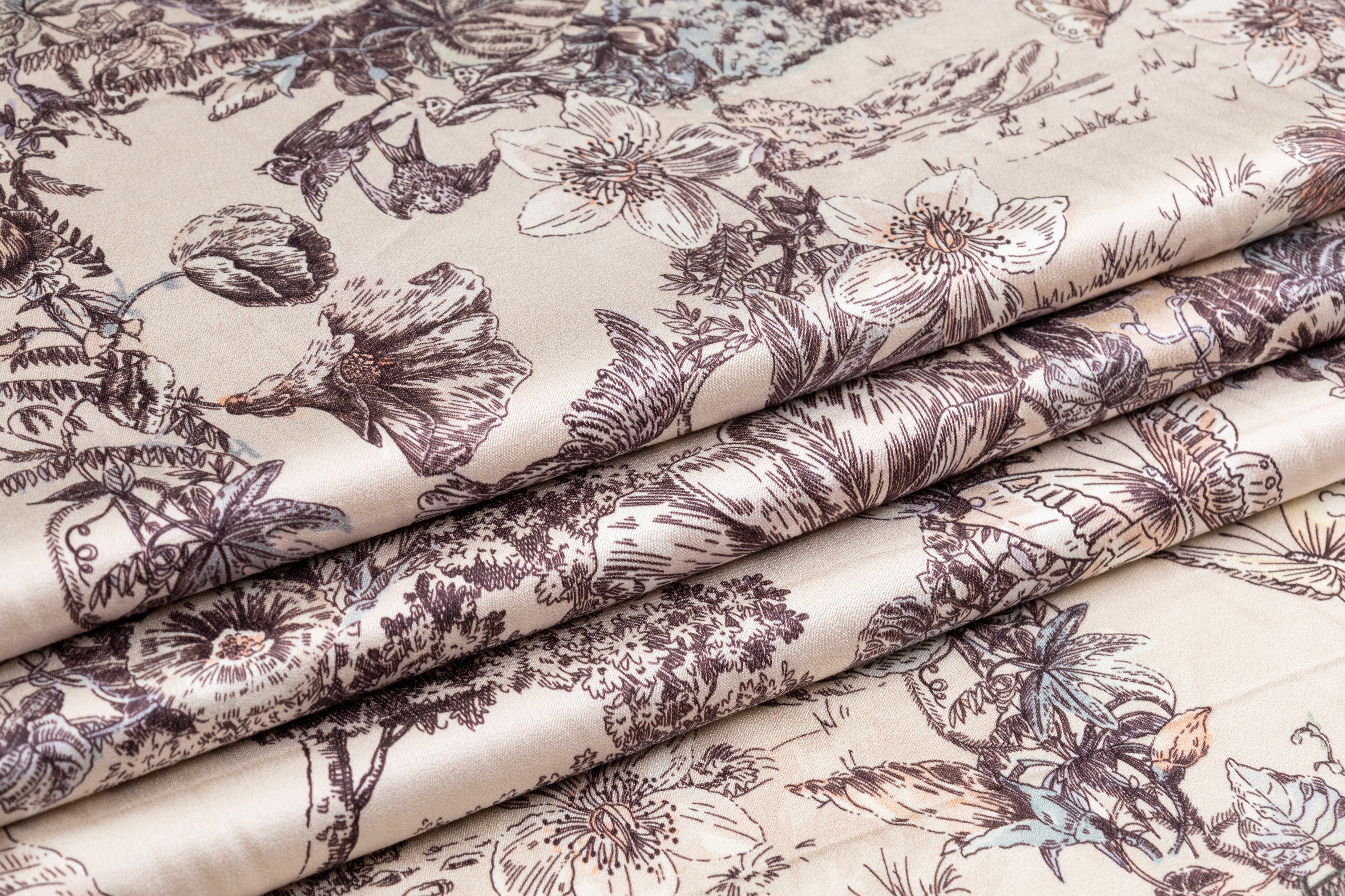 Luigi Verga - Floral Italian Silk Viscose Crepe Back Satin - Taupe