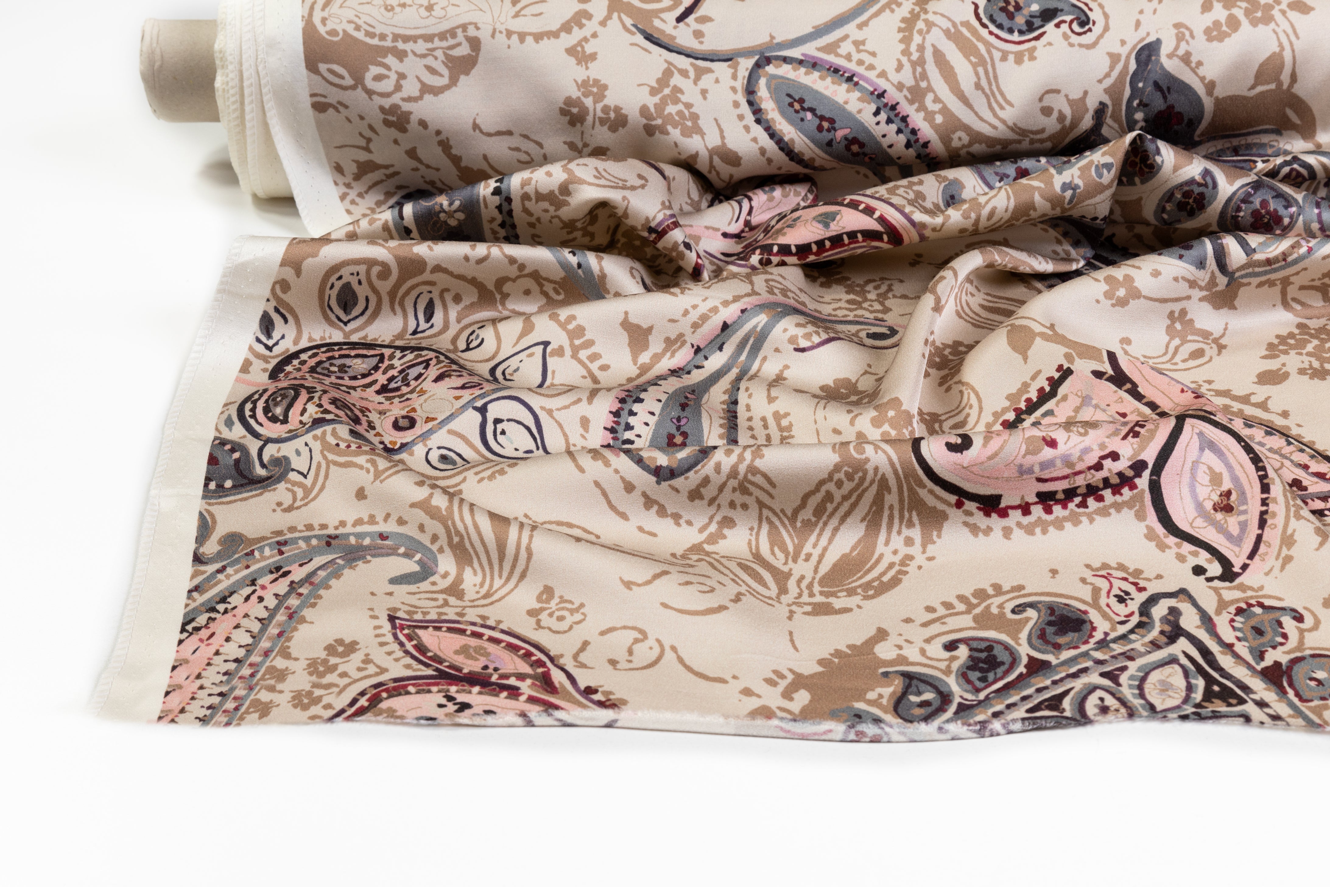 Luigi Verga - Paisley Italian Silk Viscose Crepe Back Satin - Taupe / Pink / Blue