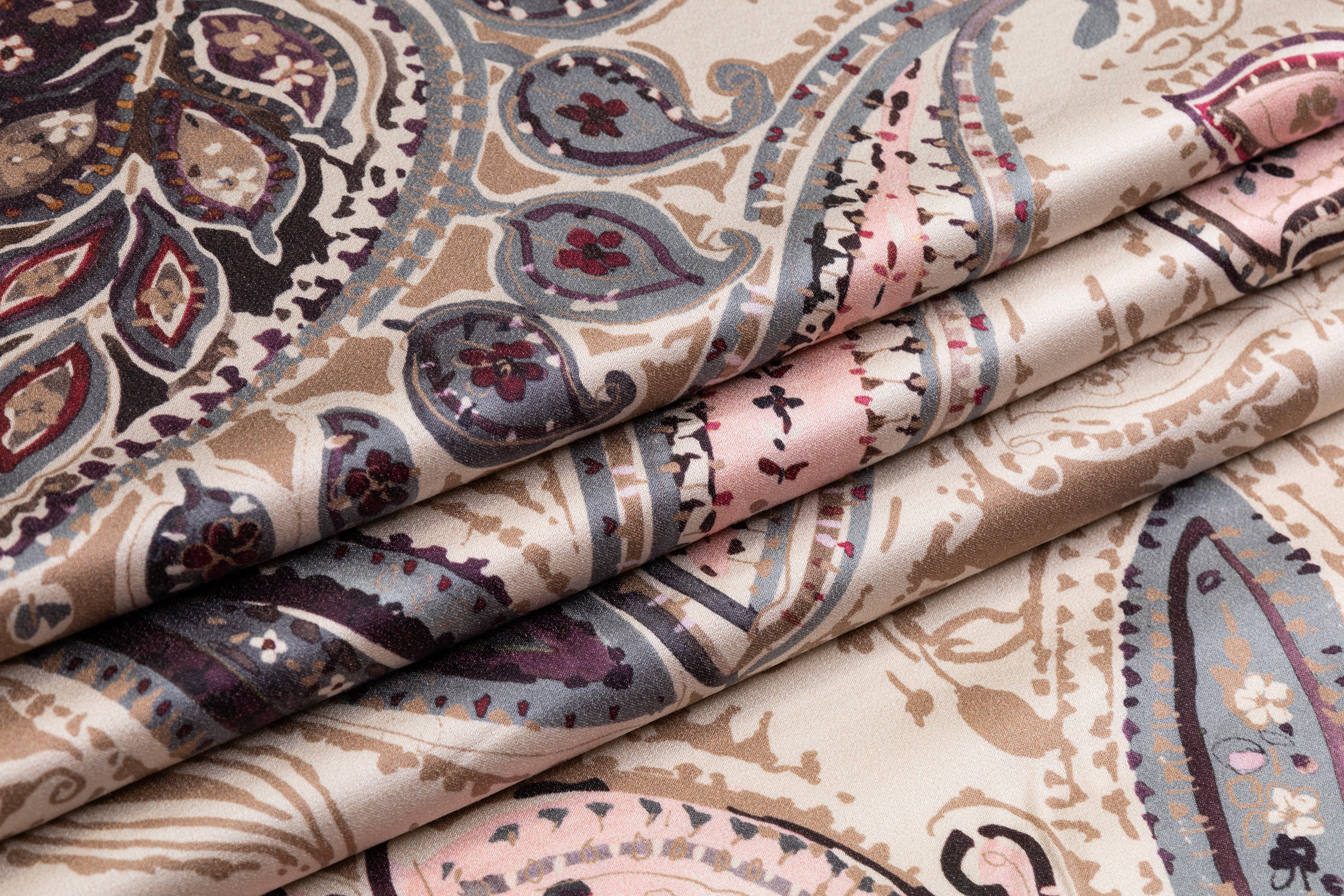 Luigi Verga - Paisley Italian Silk Viscose Crepe Back Satin - Taupe / Pink / Blue