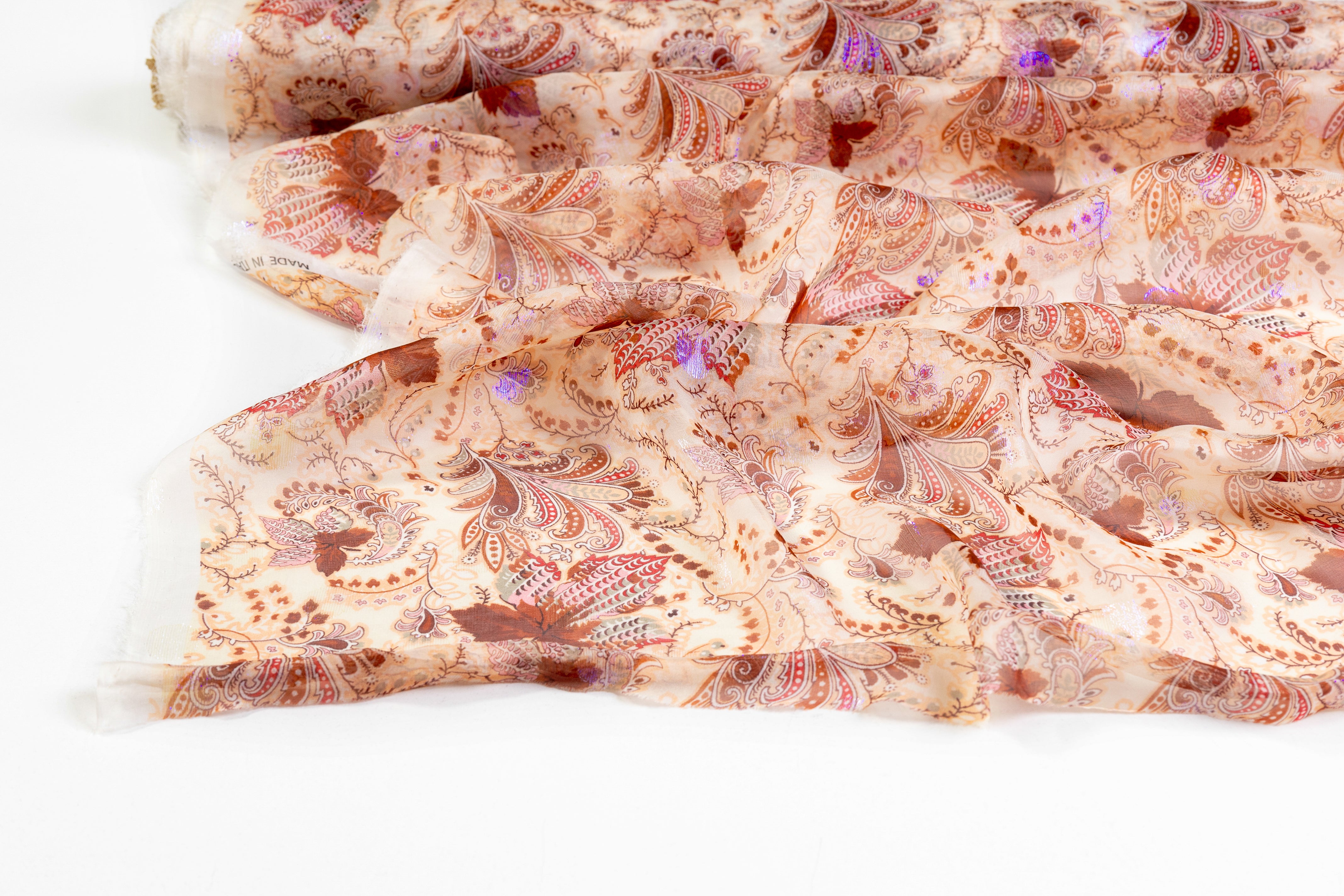 Paisley Floral Metallic Italian Silk Chiffon Fil Coupé - Brown / Purple