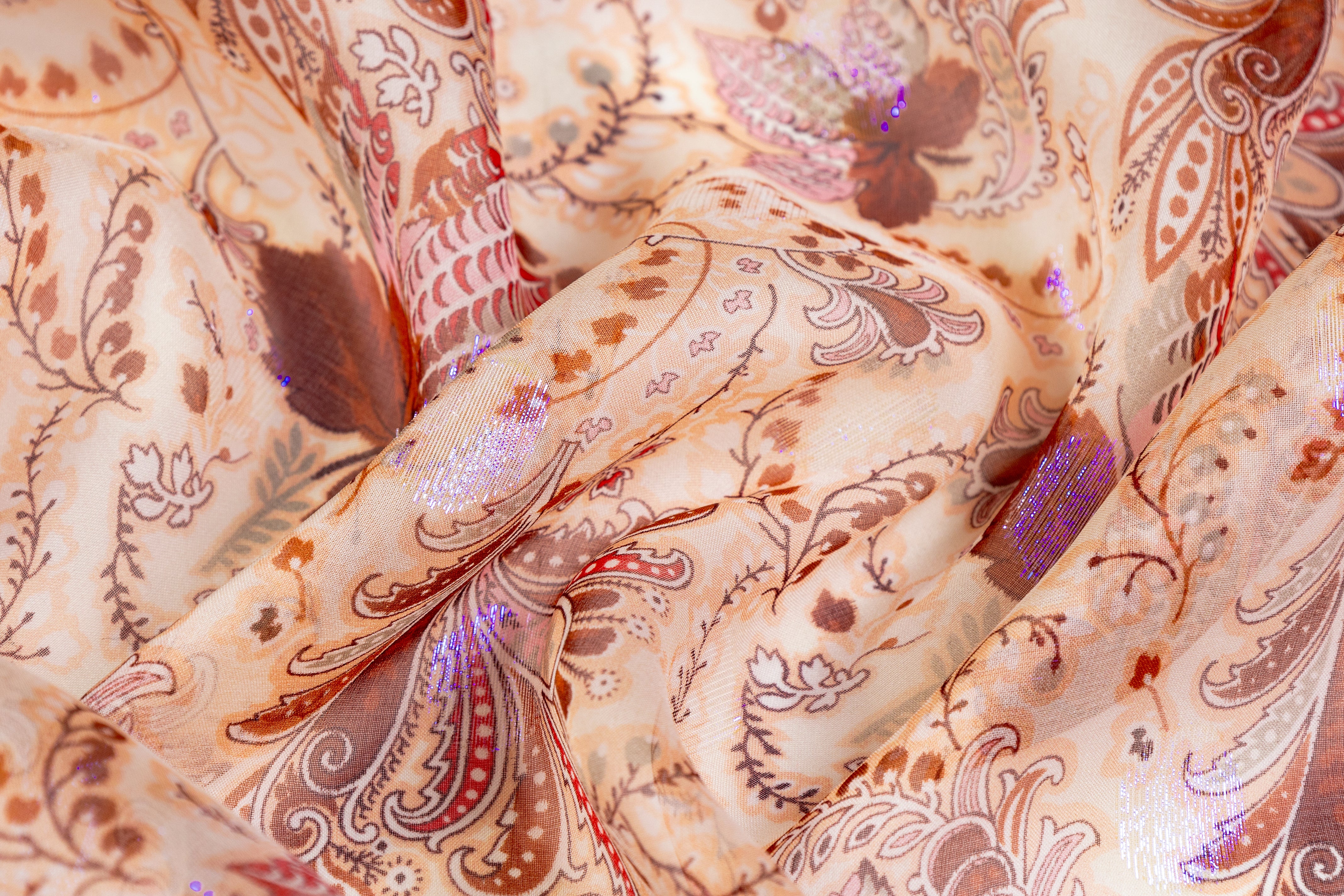 Paisley Floral Metallic Italian Silk Chiffon Fil Coupé - Brown / Purple