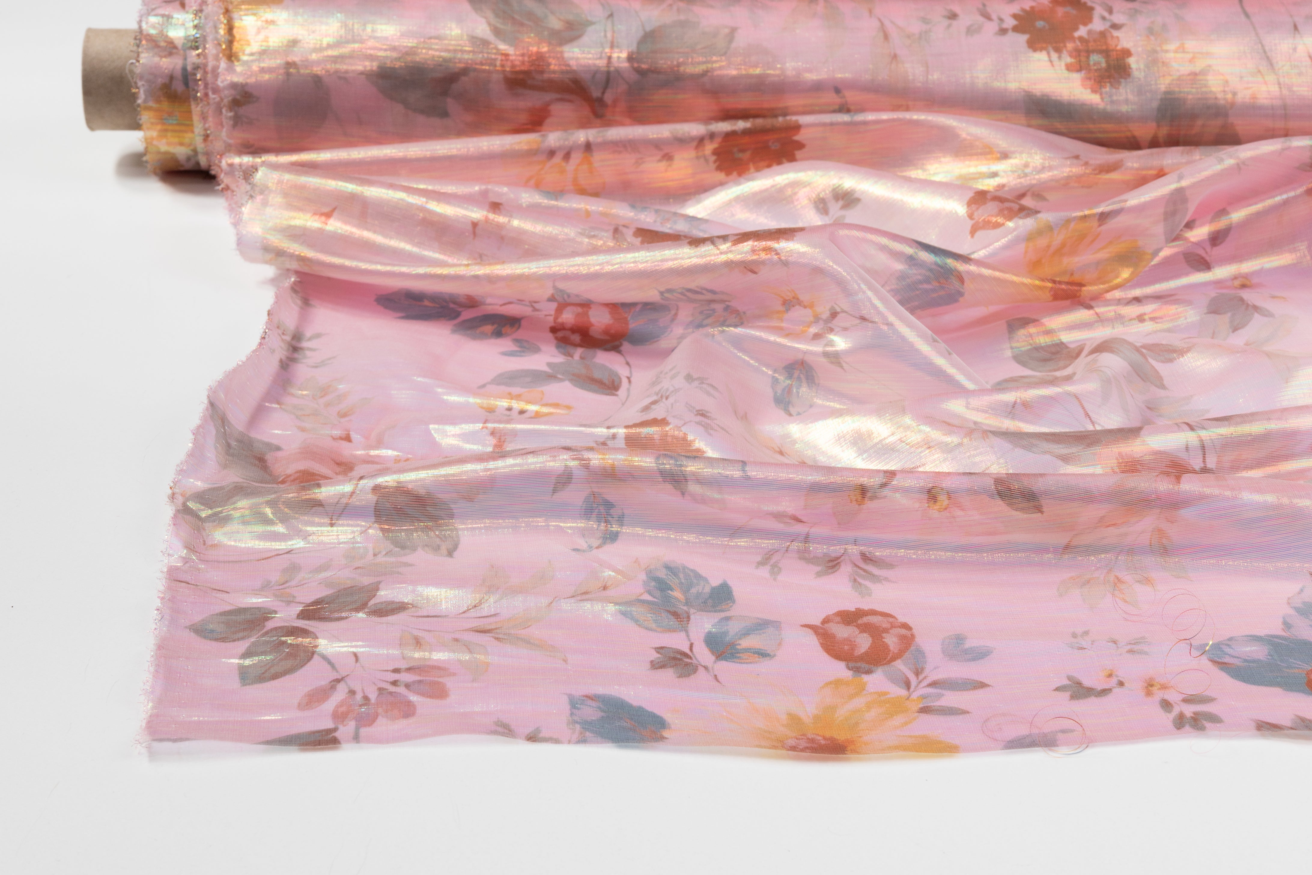 Iridescent Floral Italian Silk Lamé - Pink / Multicolor