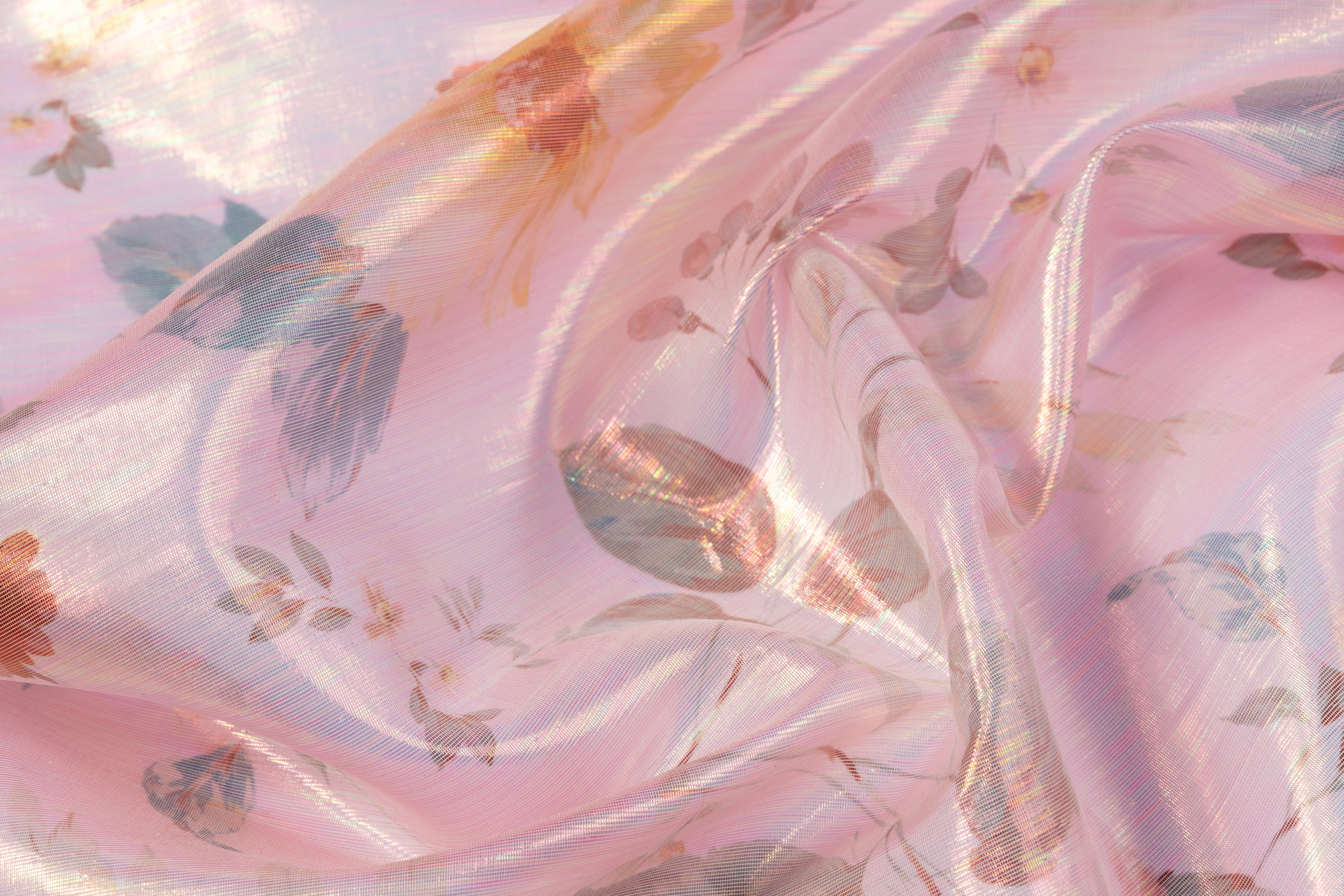 Iridescent Floral Italian Silk Lamé - Pink / Multicolor