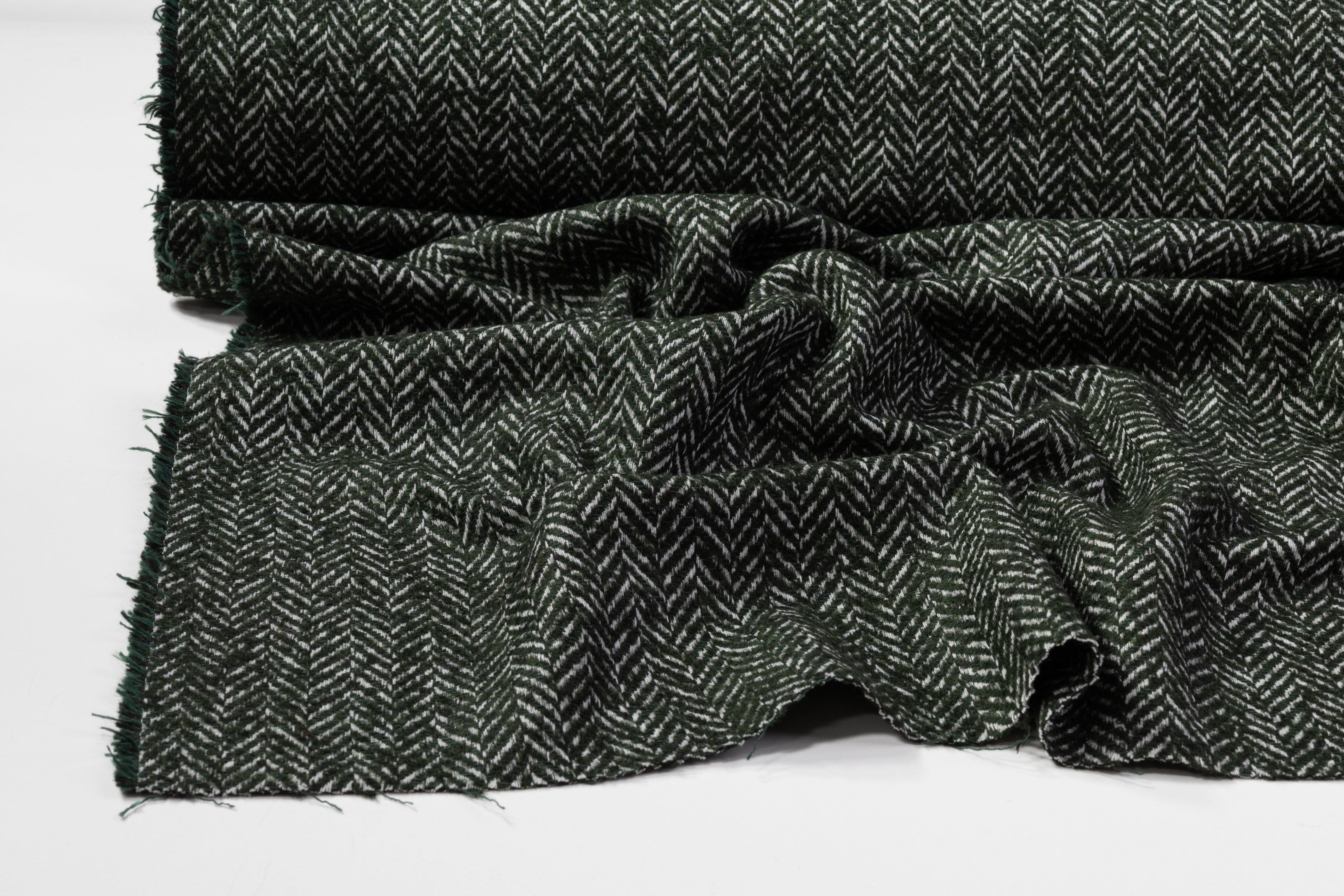 Herringbone Italian Wool Blend Tweed Coating - Green