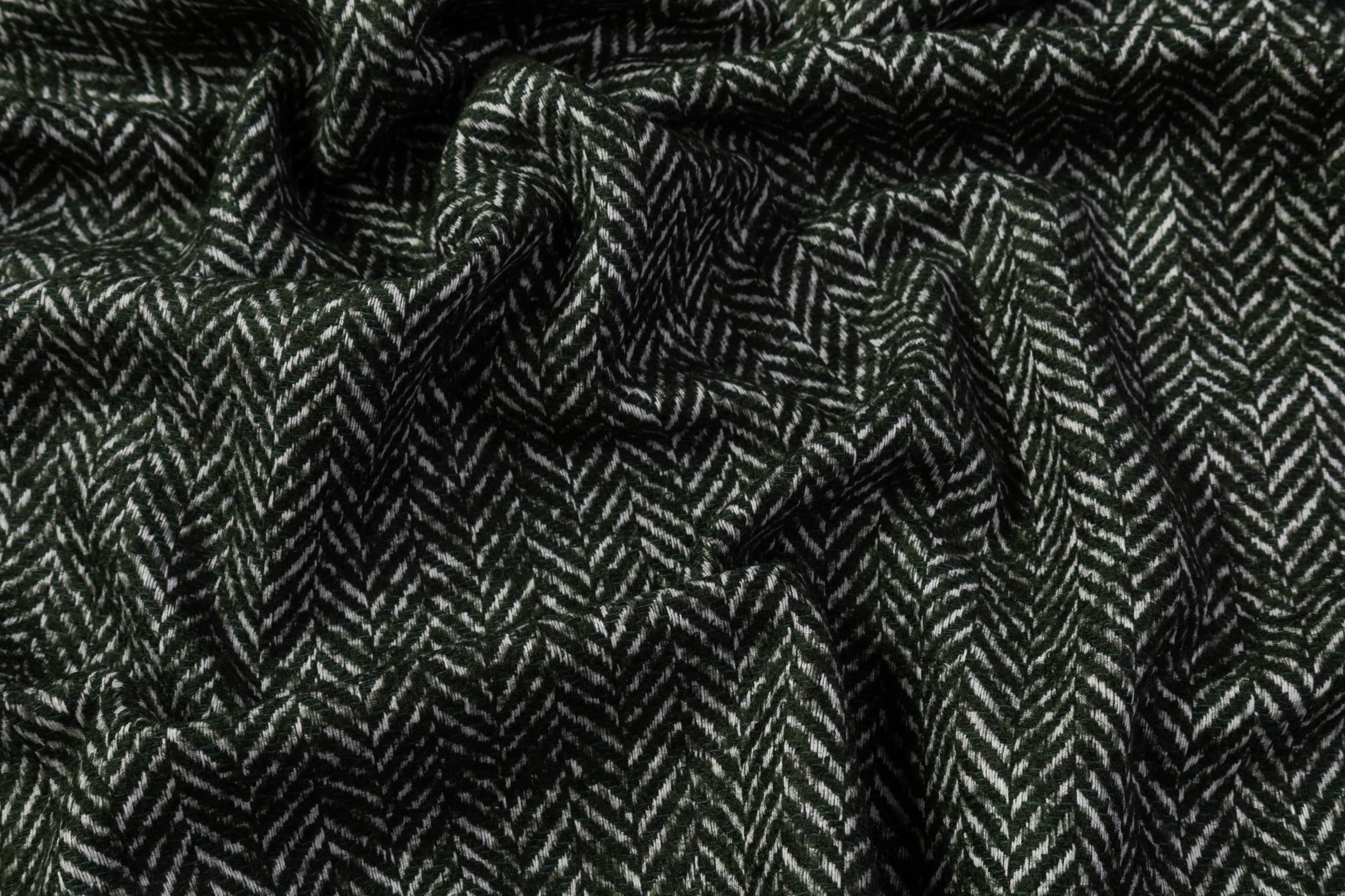 Herringbone Italian Wool Blend Tweed Coating - Green