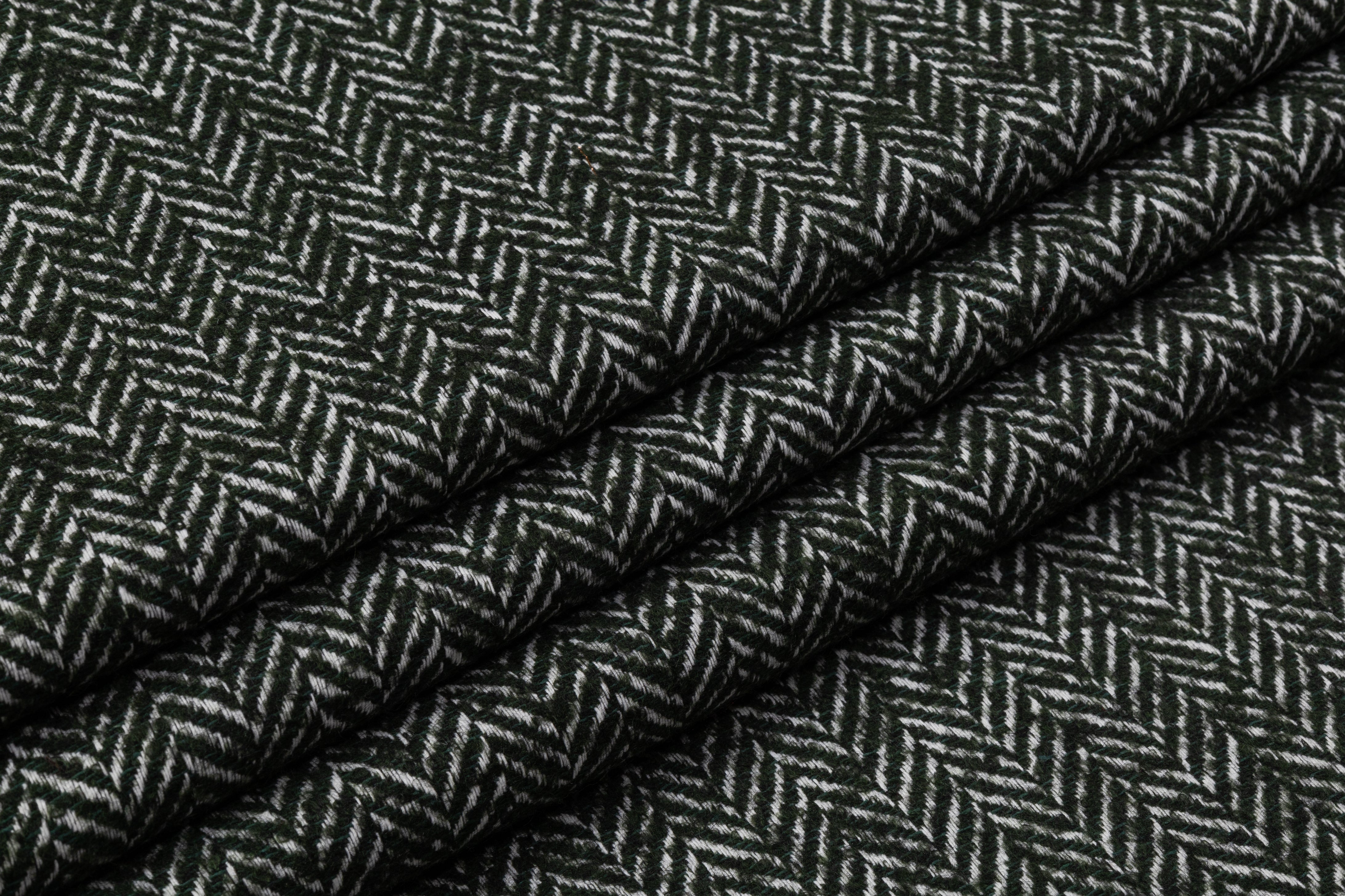 Herringbone Italian Wool Blend Tweed Coating - Green