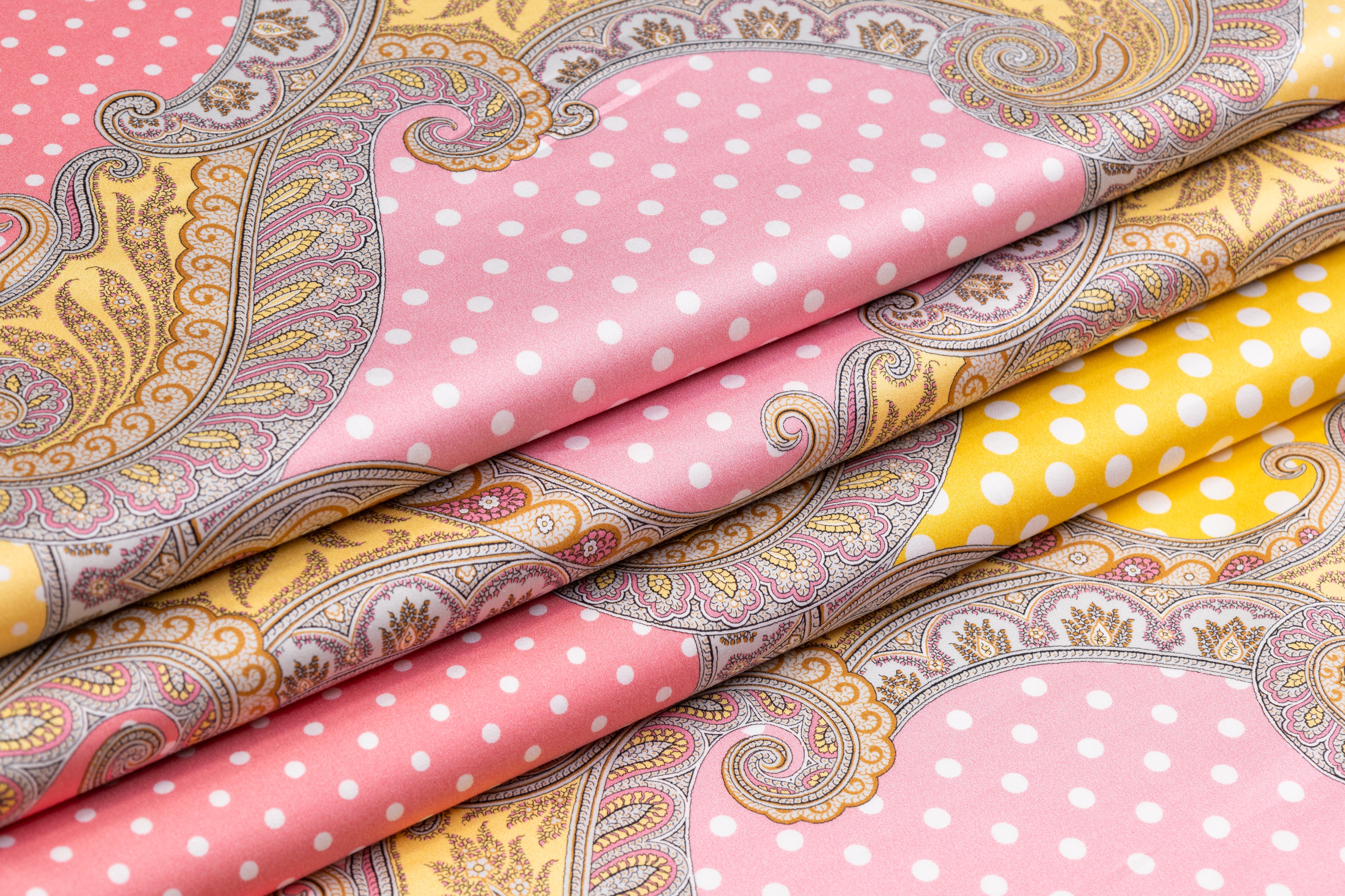 Emanuel Ungaro - Italian Polka Dot Paisley Cotton Sateen - Pink / Yellow / Gray