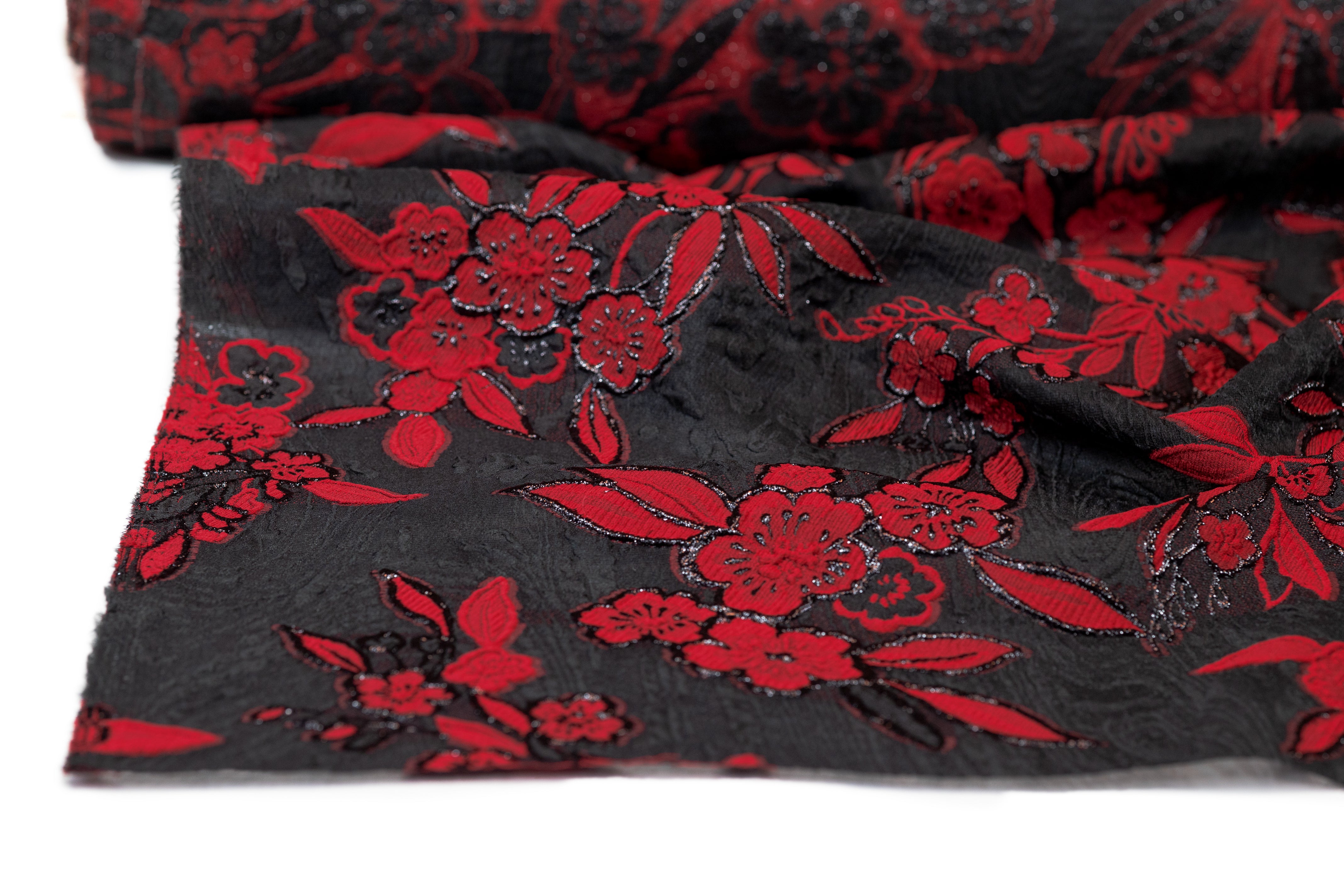 Floral Metallic Italian Silk Blend Organza Brocade - Black / Red