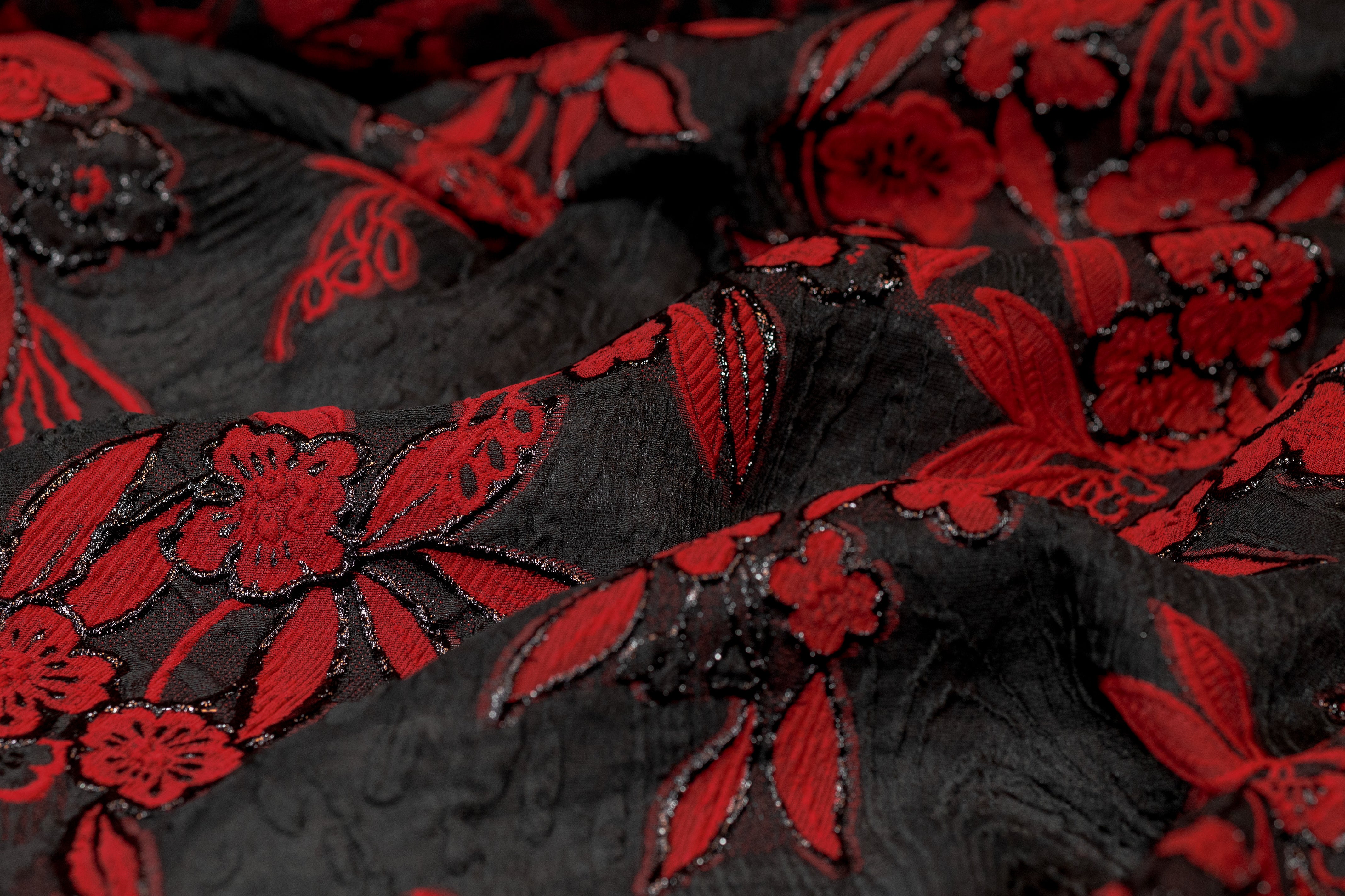 Floral Metallic Italian Silk Blend Organza Brocade - Black / Red