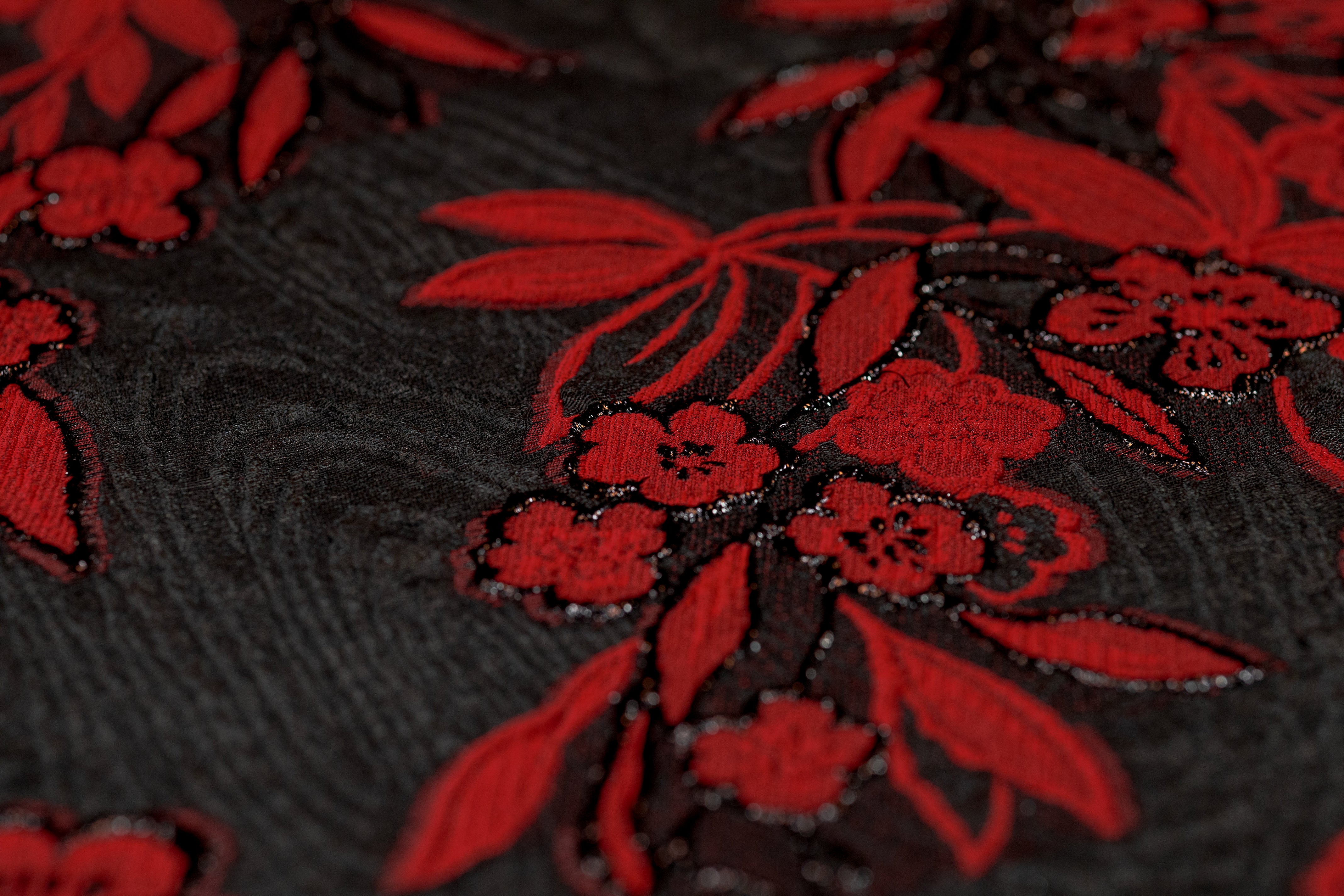 Floral Metallic Italian Silk Blend Organza Brocade - Black / Red