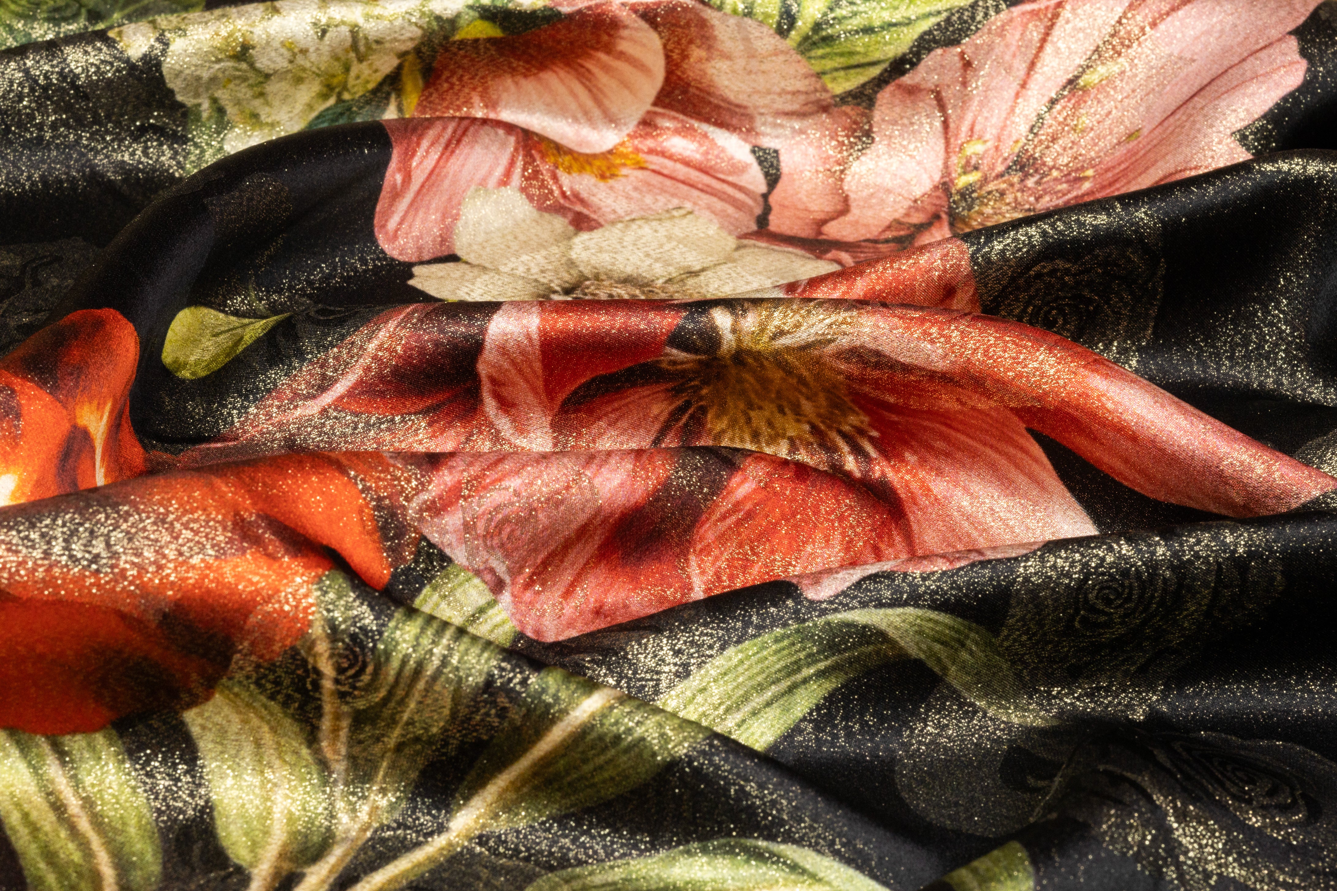 Floral Italian Silk Jacquard Lamé - Red / Pink / Gold