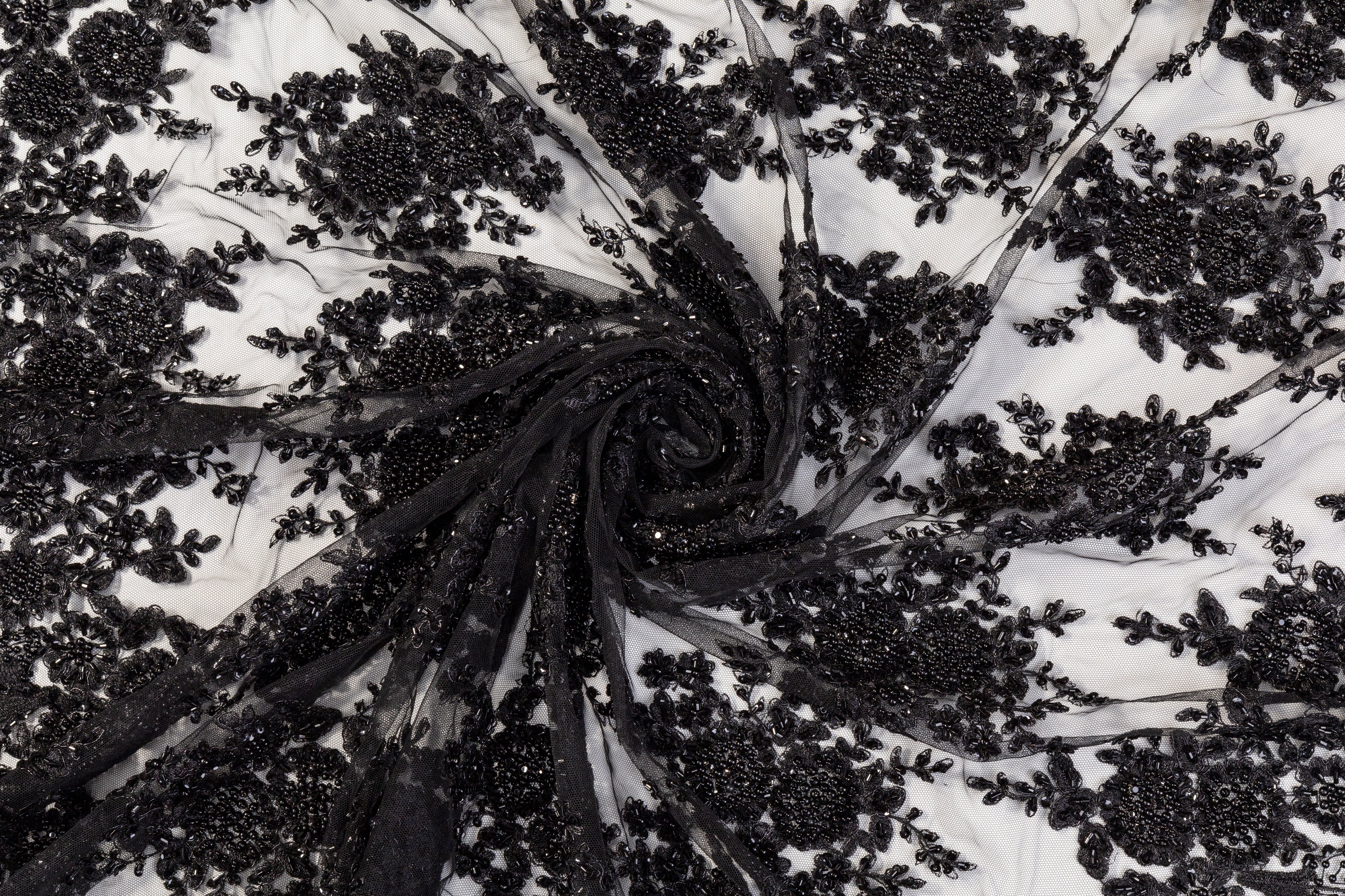 Floral Beaded and Sequined Border Tulle - Black