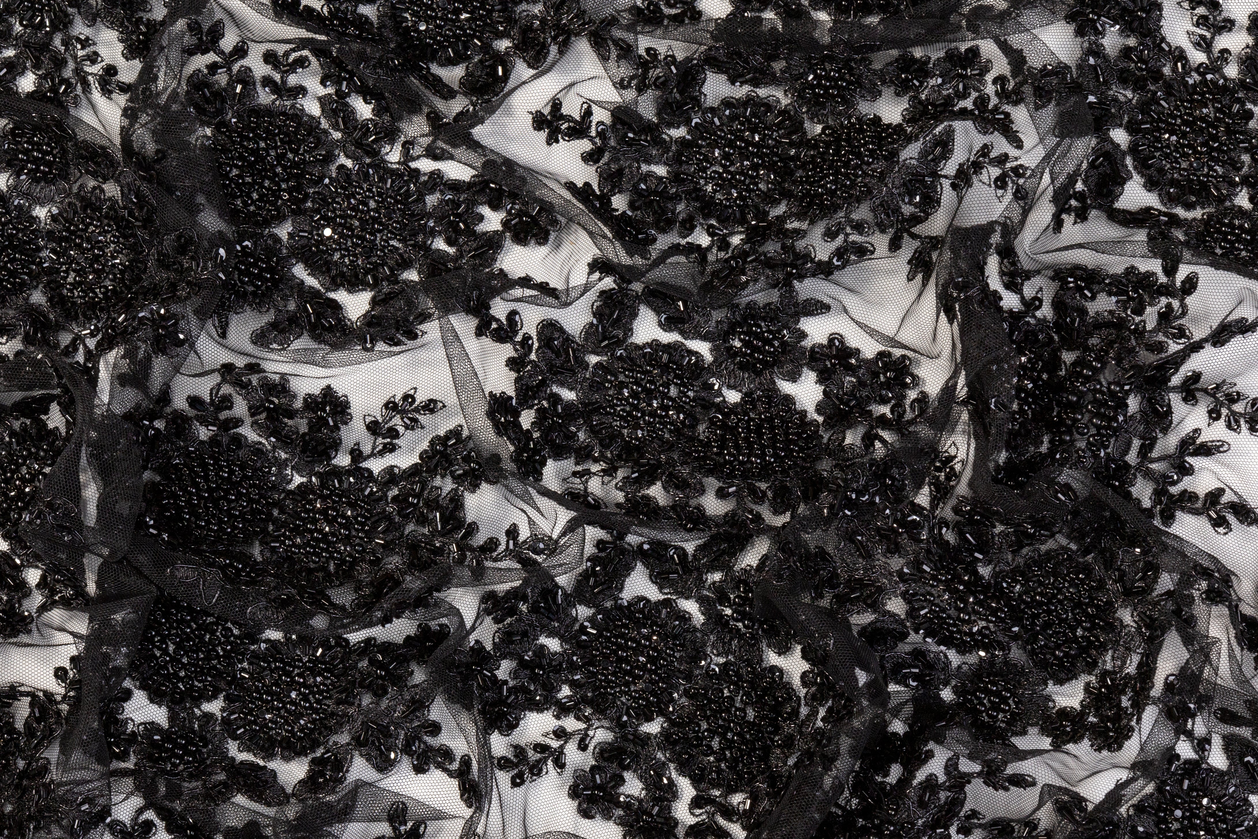 Floral Beaded and Sequined Border Tulle - Black