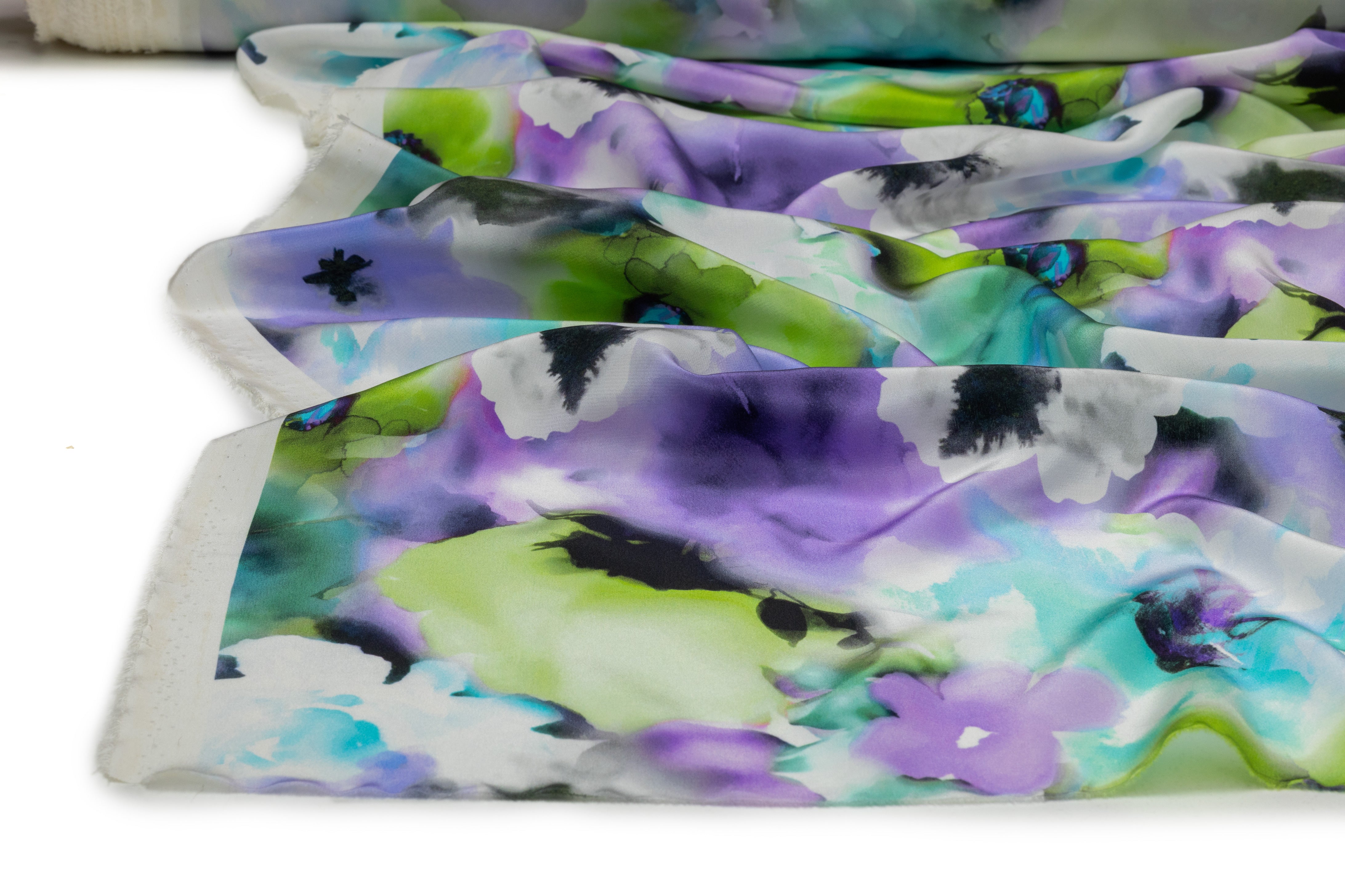Floral Italian Silk Crepe de Chine - Green / Purple