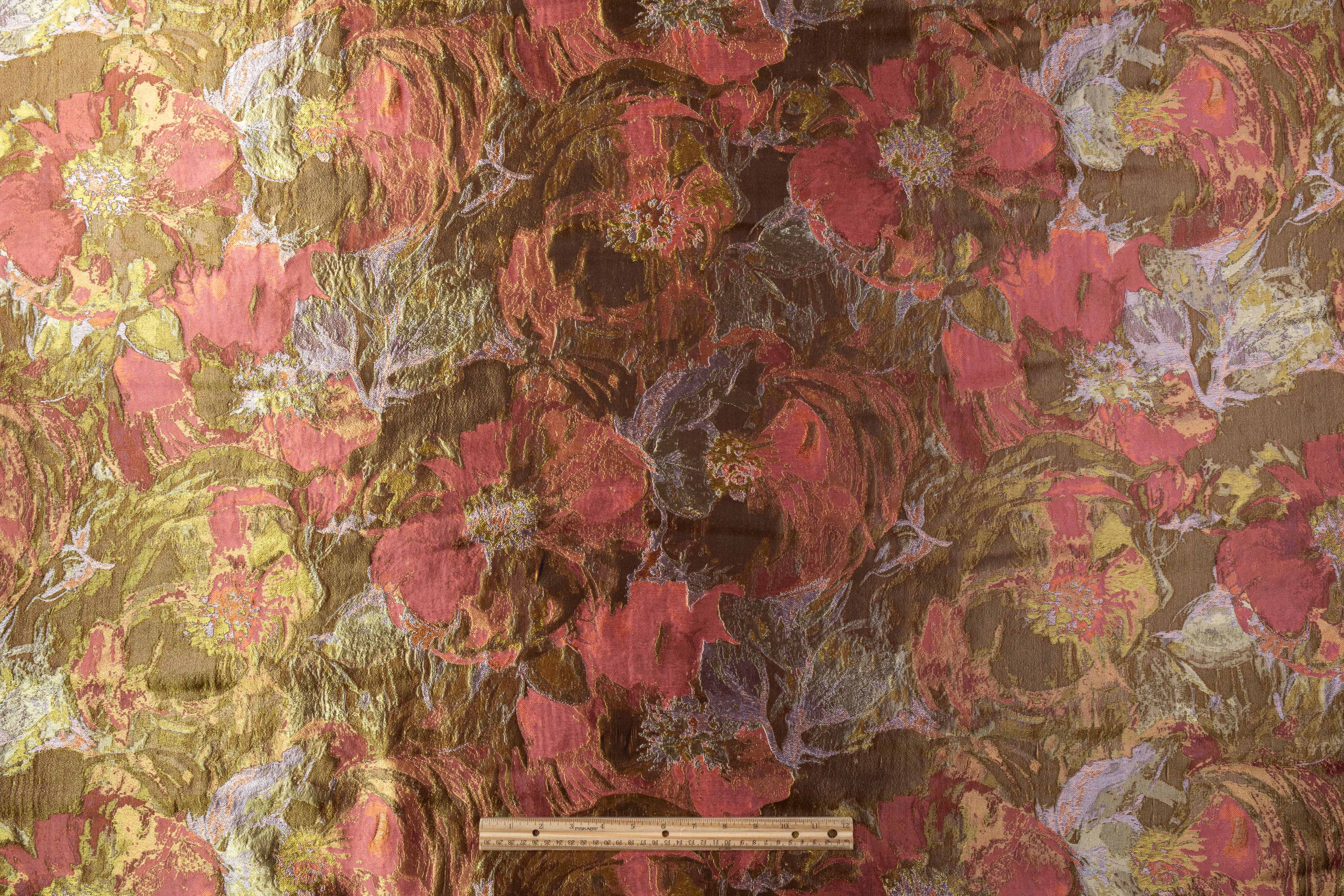 Abstract Floral Italian Silk Blend Brocade - Green / Pink