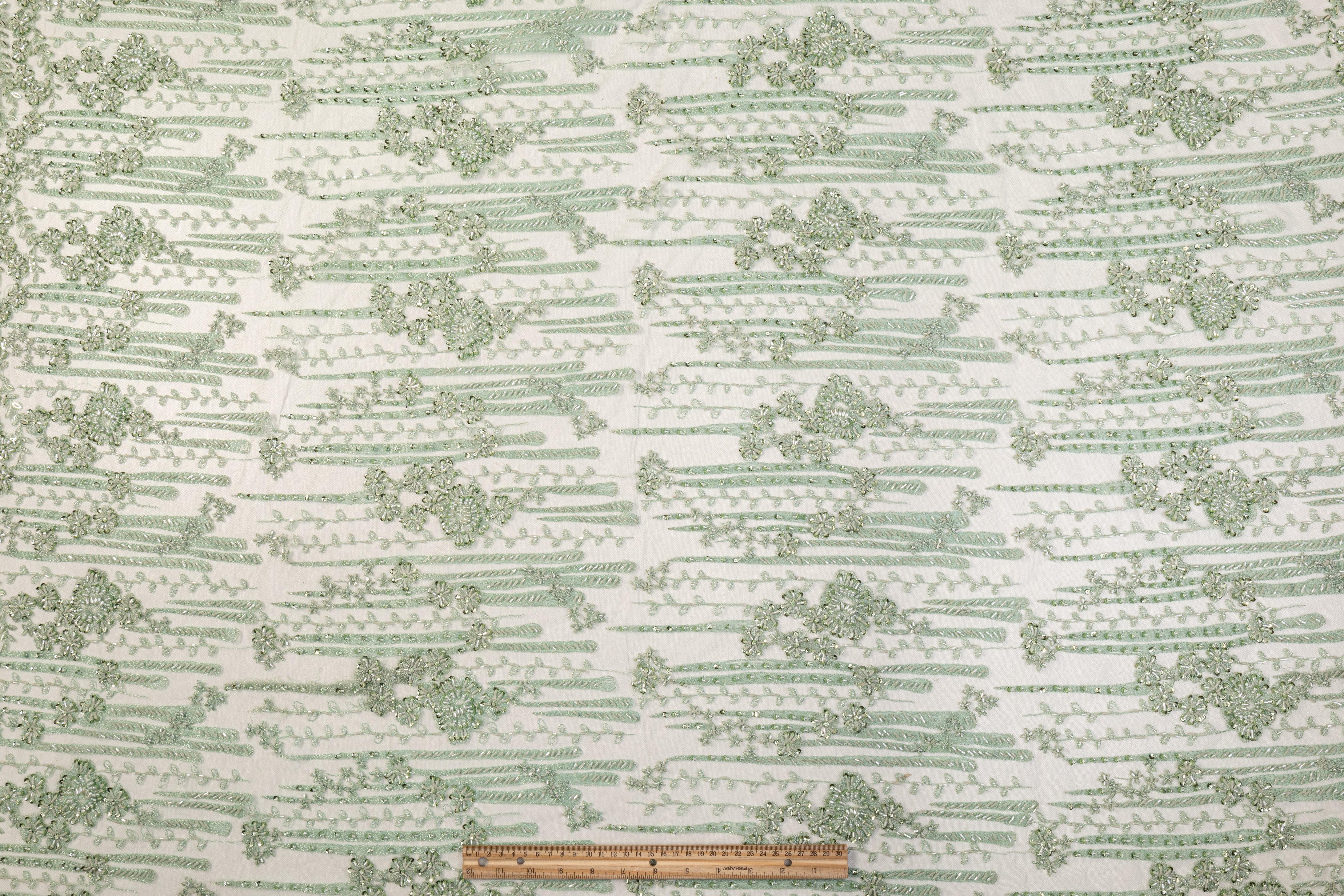 Floral Beaded and Embroidered Tulle - Mint Green