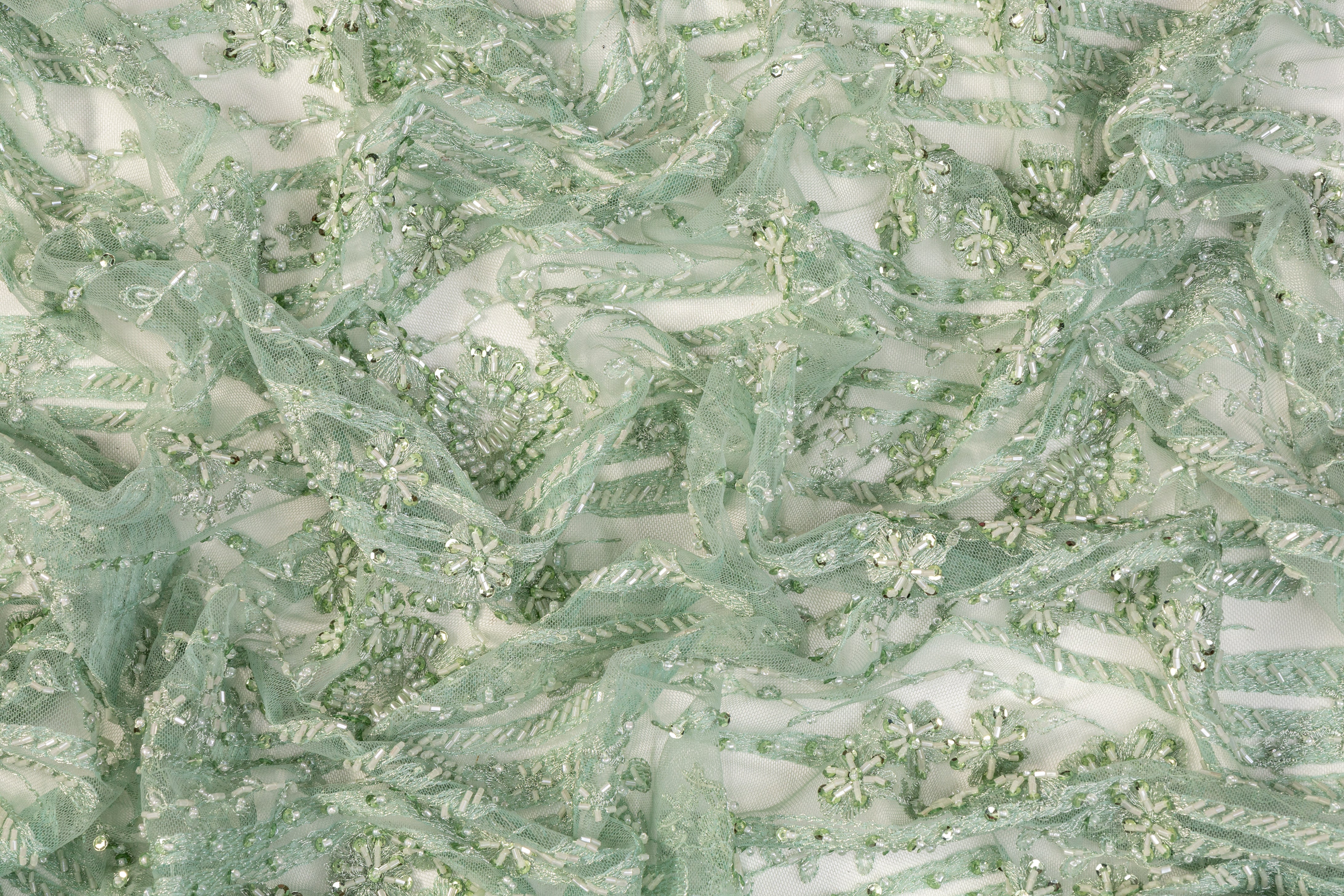 Floral Beaded and Embroidered Tulle - Mint Green