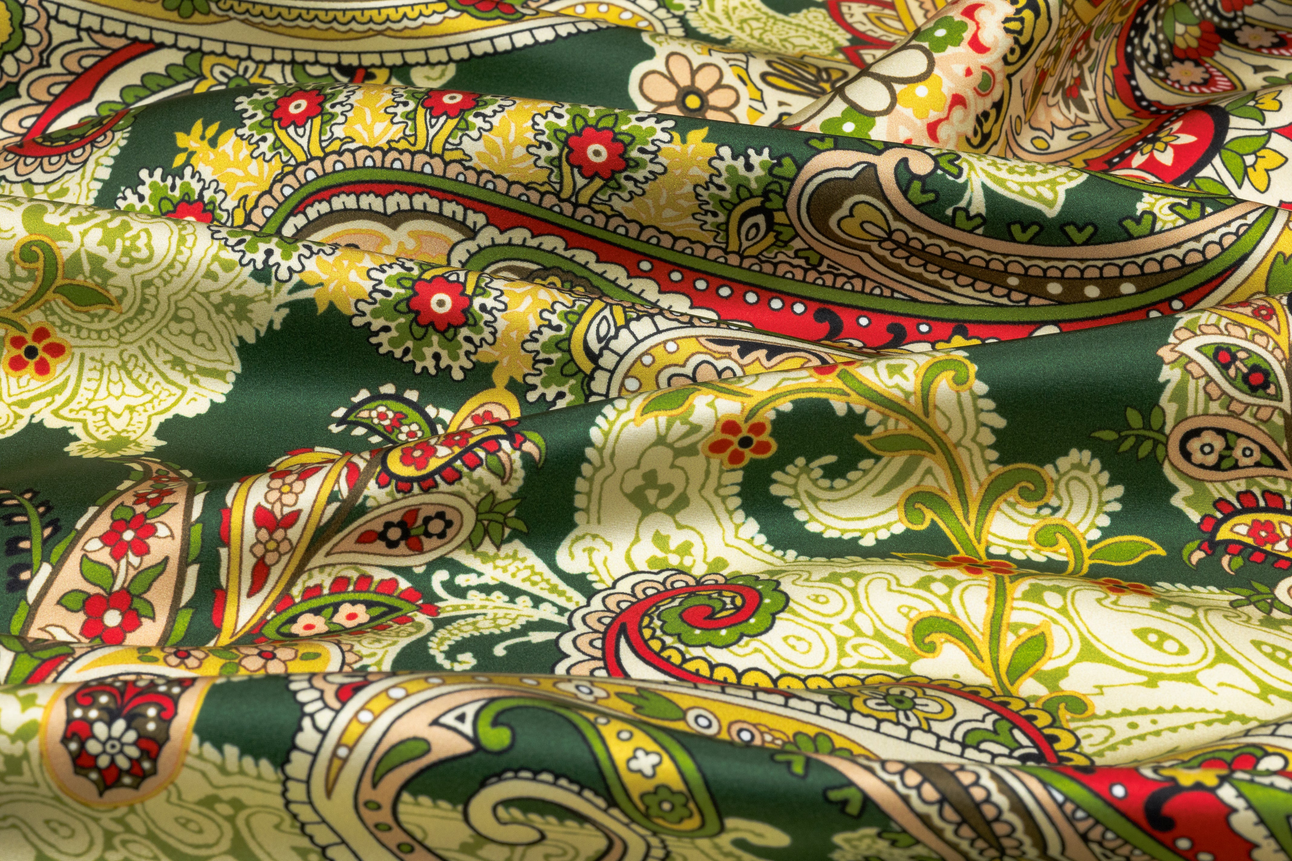 Paisley Italian Silk Satin - Green / Gold / Red