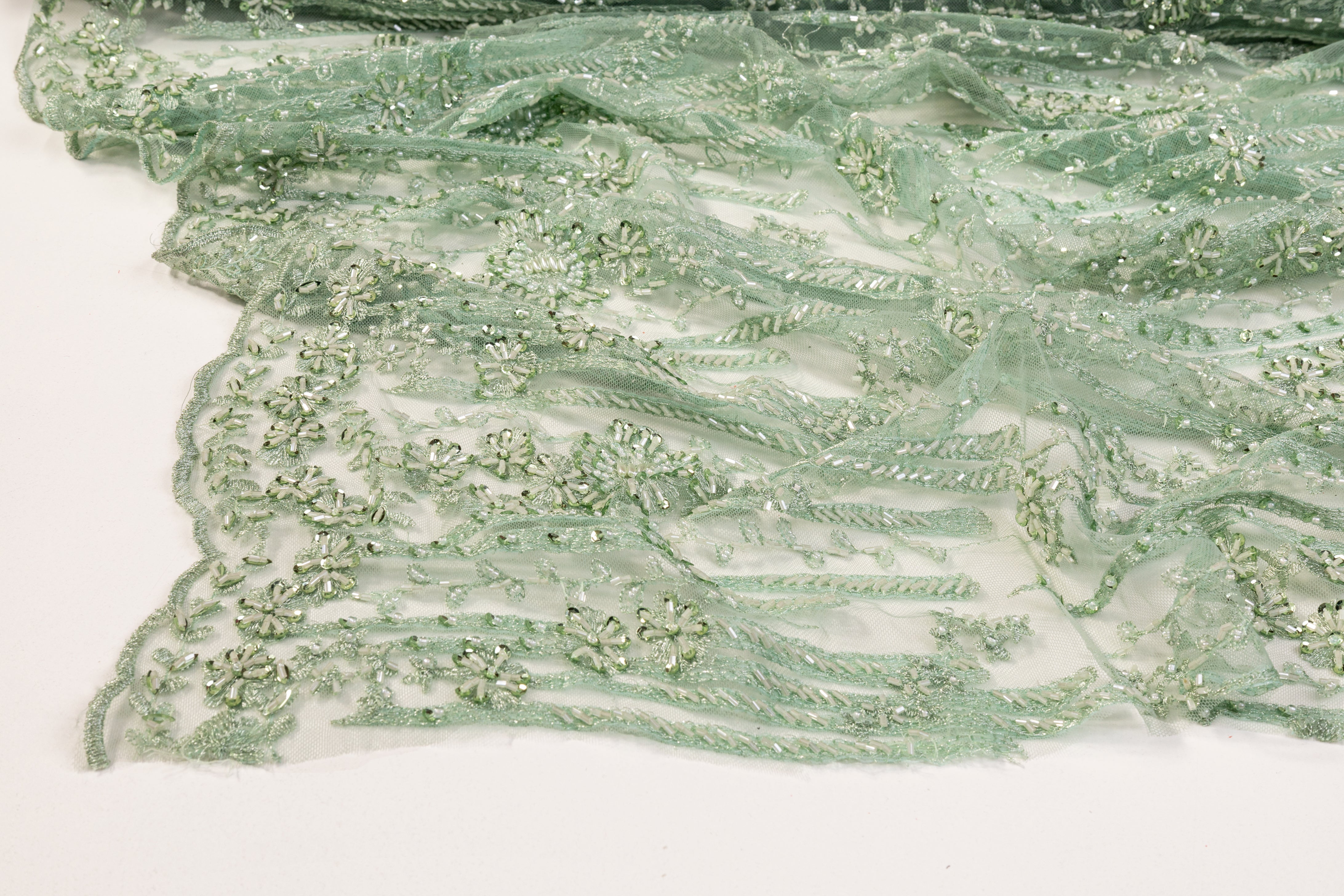 Floral Beaded and Embroidered Tulle - Mint Green