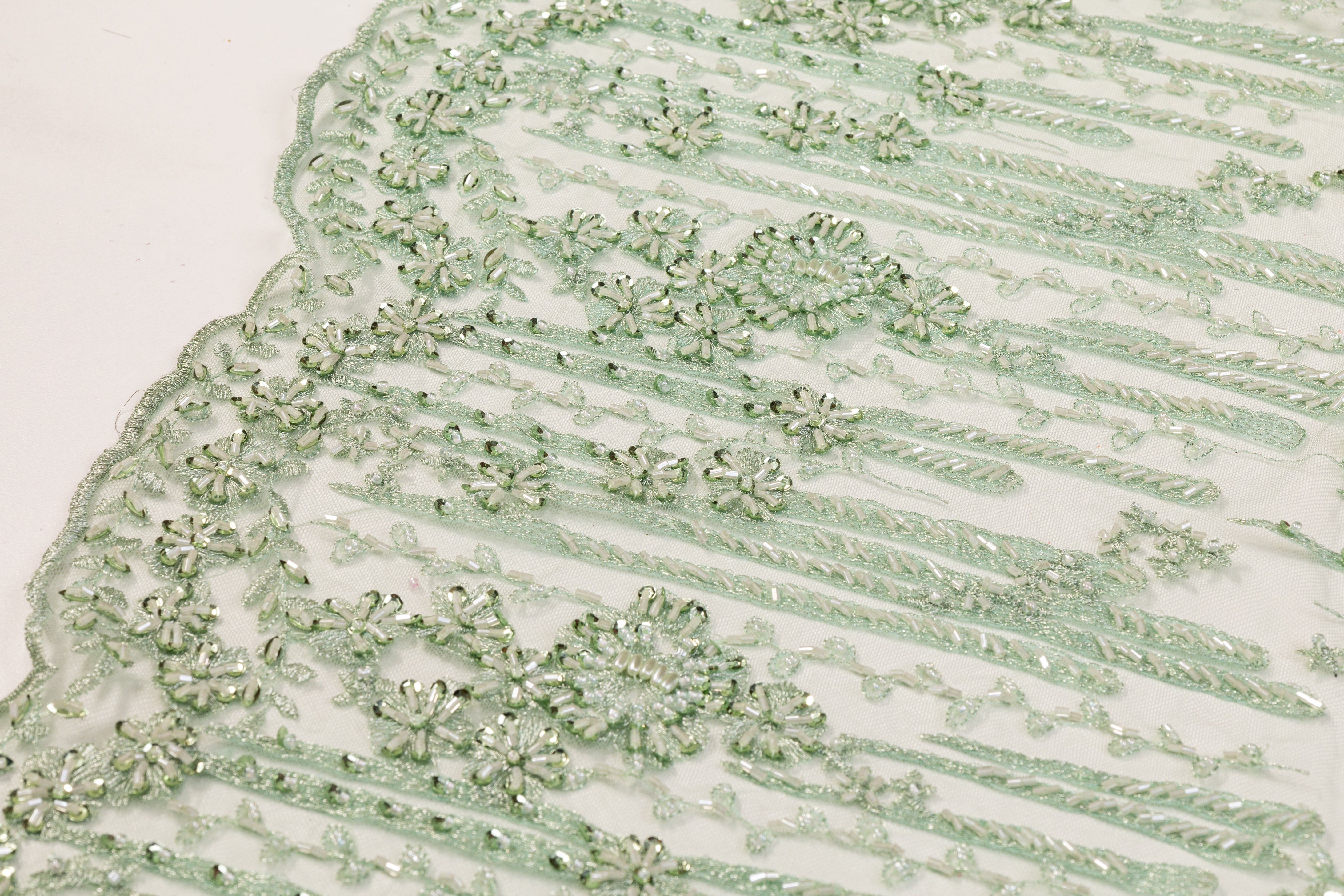 Floral Beaded and Embroidered Tulle - Mint Green