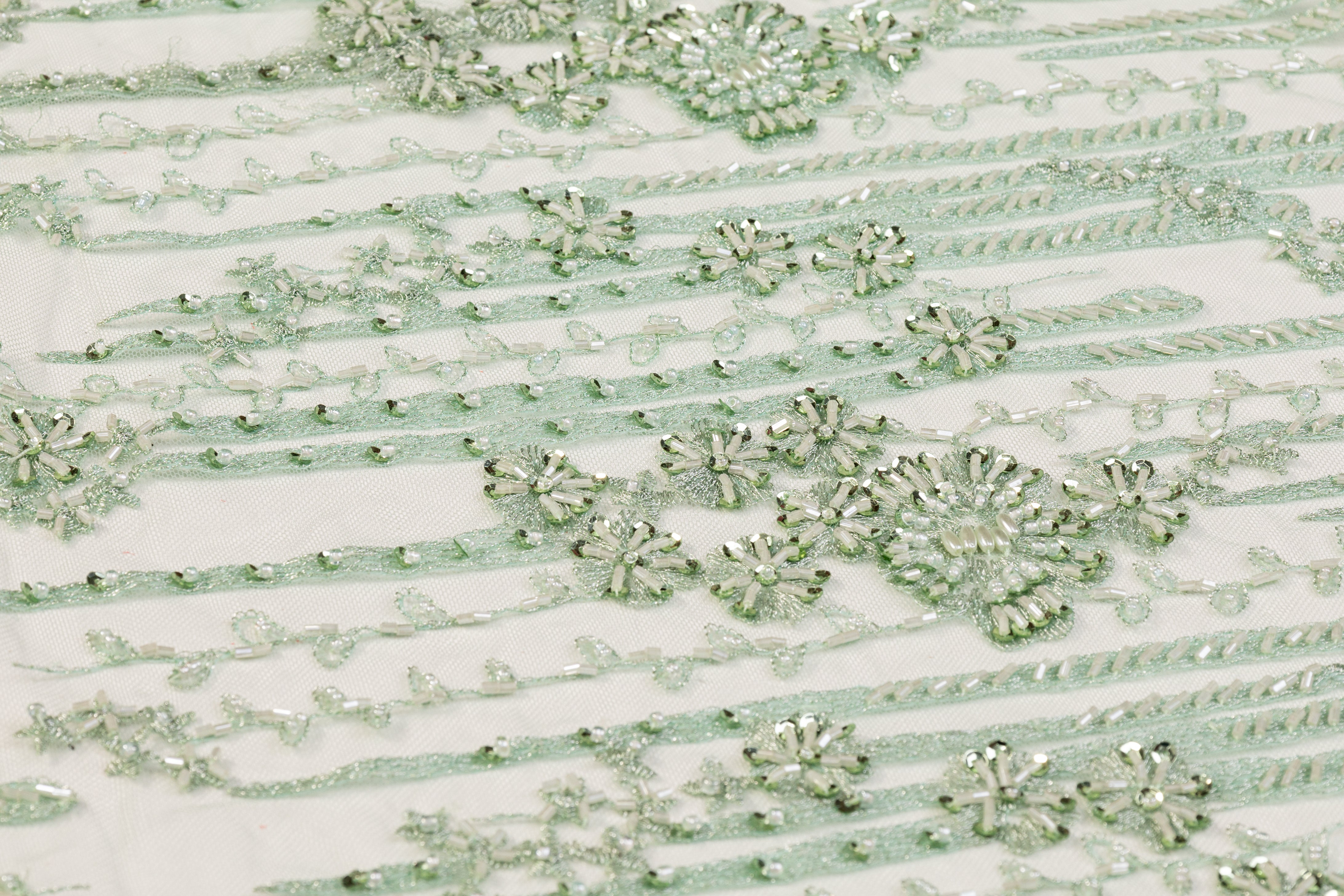 Floral Beaded and Embroidered Tulle - Mint Green
