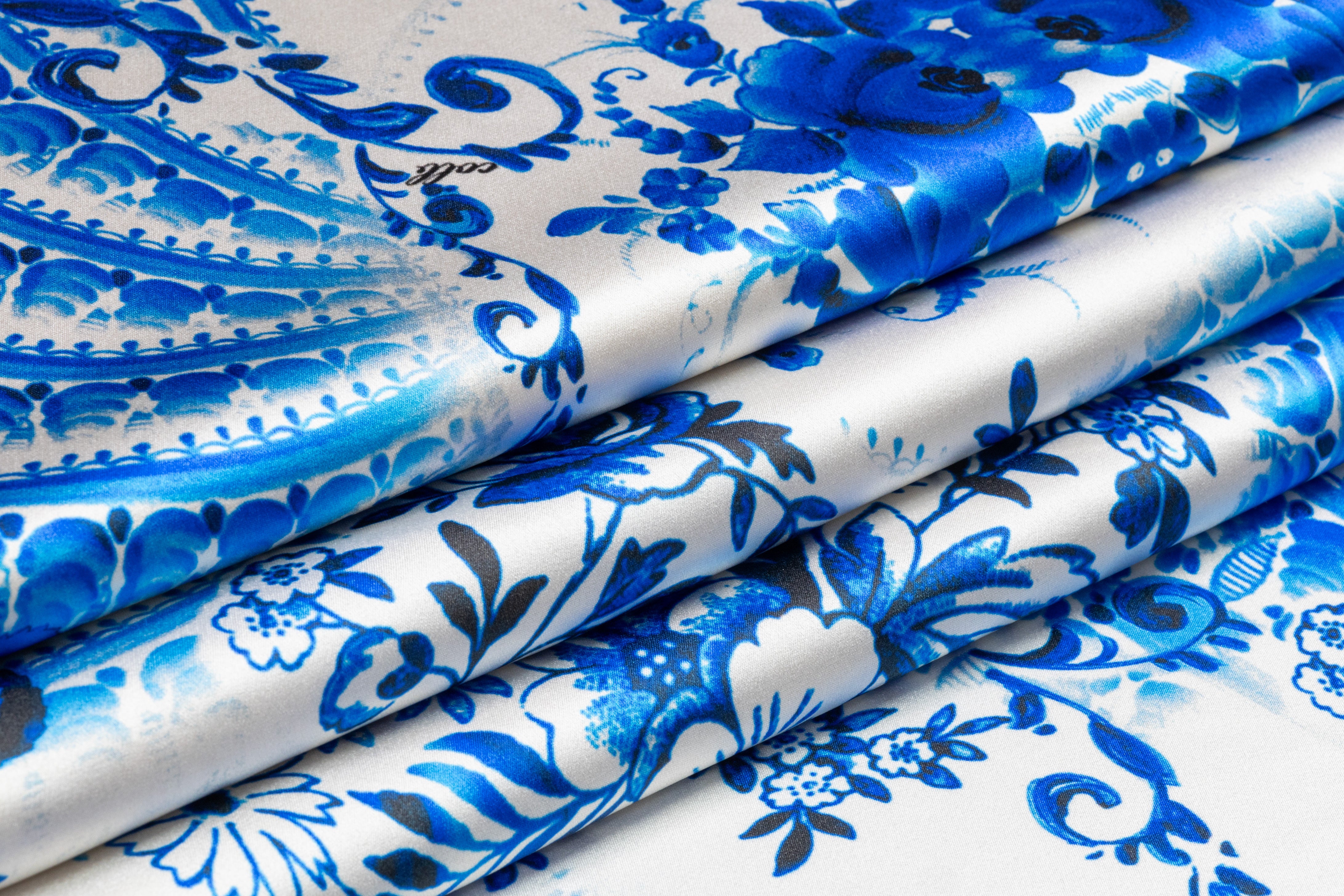 Floral Italian Silk Charmeuse - Blue / White
