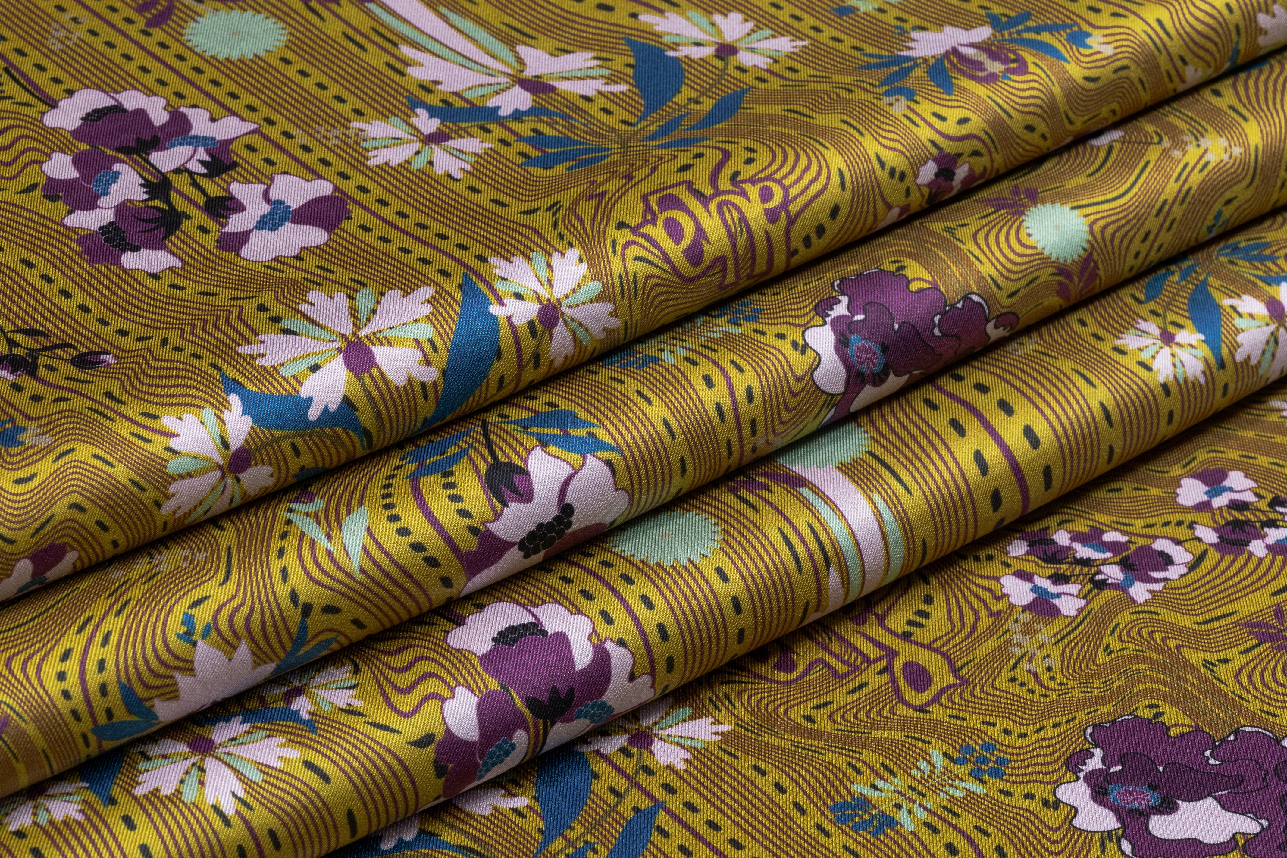 Floral Italian Silk Twill - Antique Gold