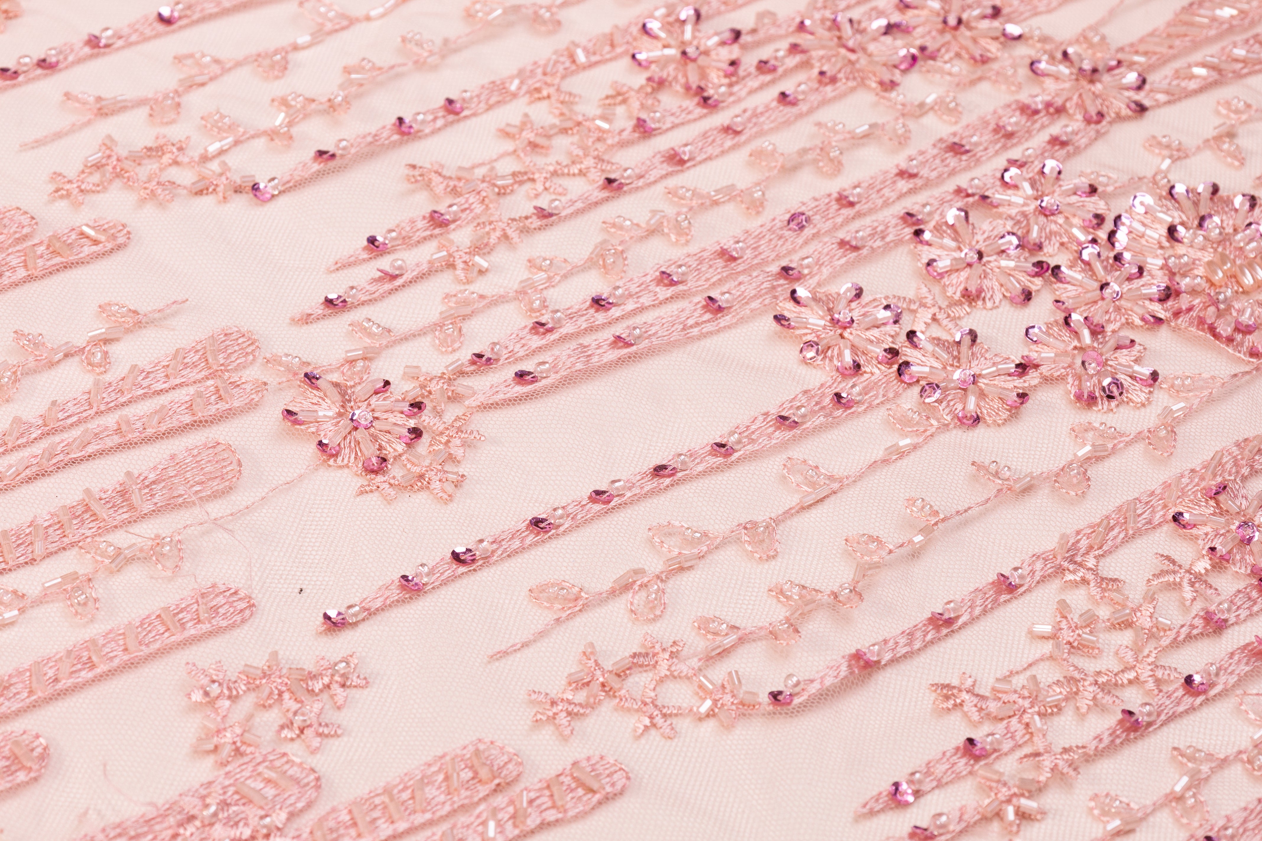 Floral Beaded and Embroidered Tulle - Pink