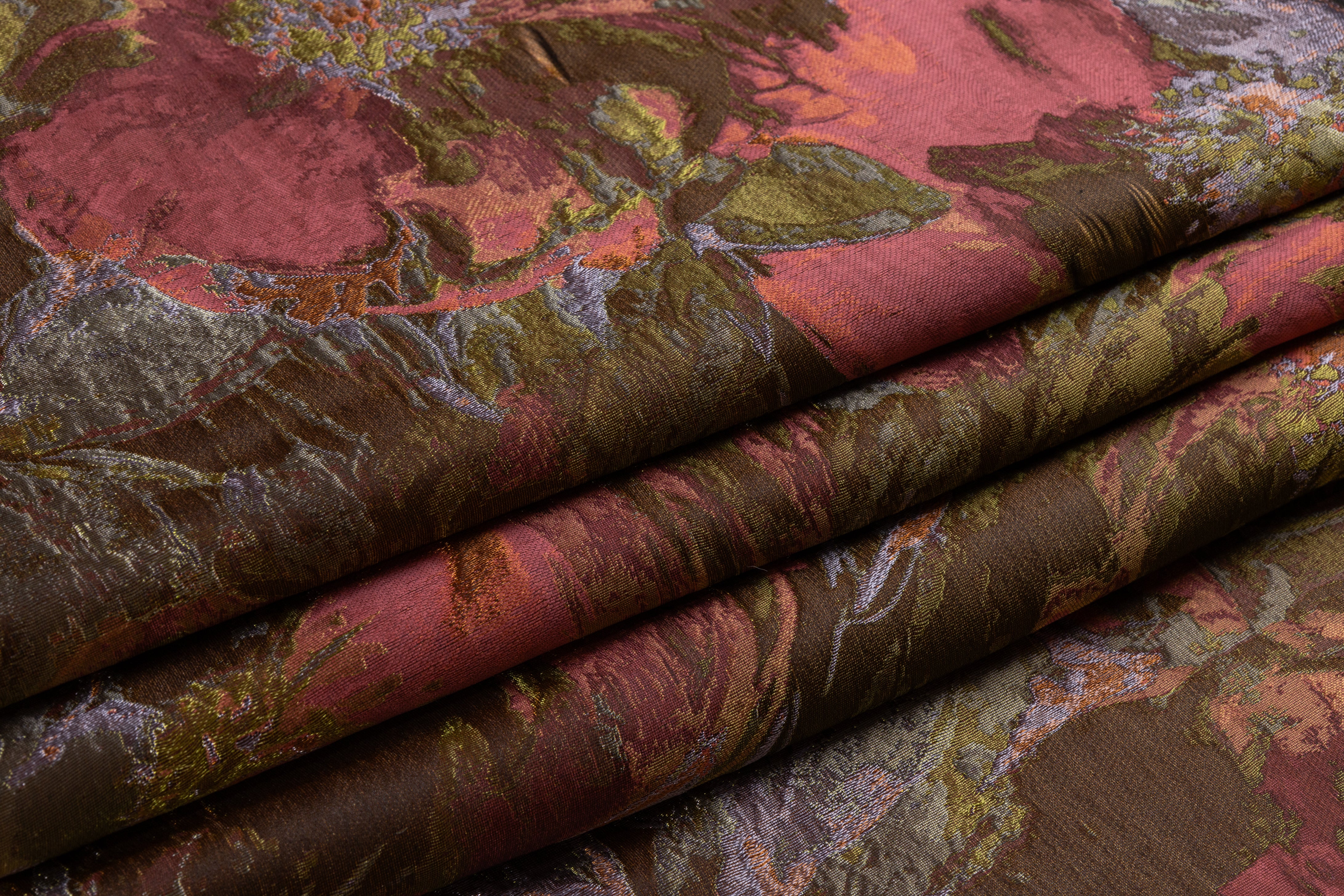 Abstract Floral Italian Silk Blend Brocade - Green / Pink