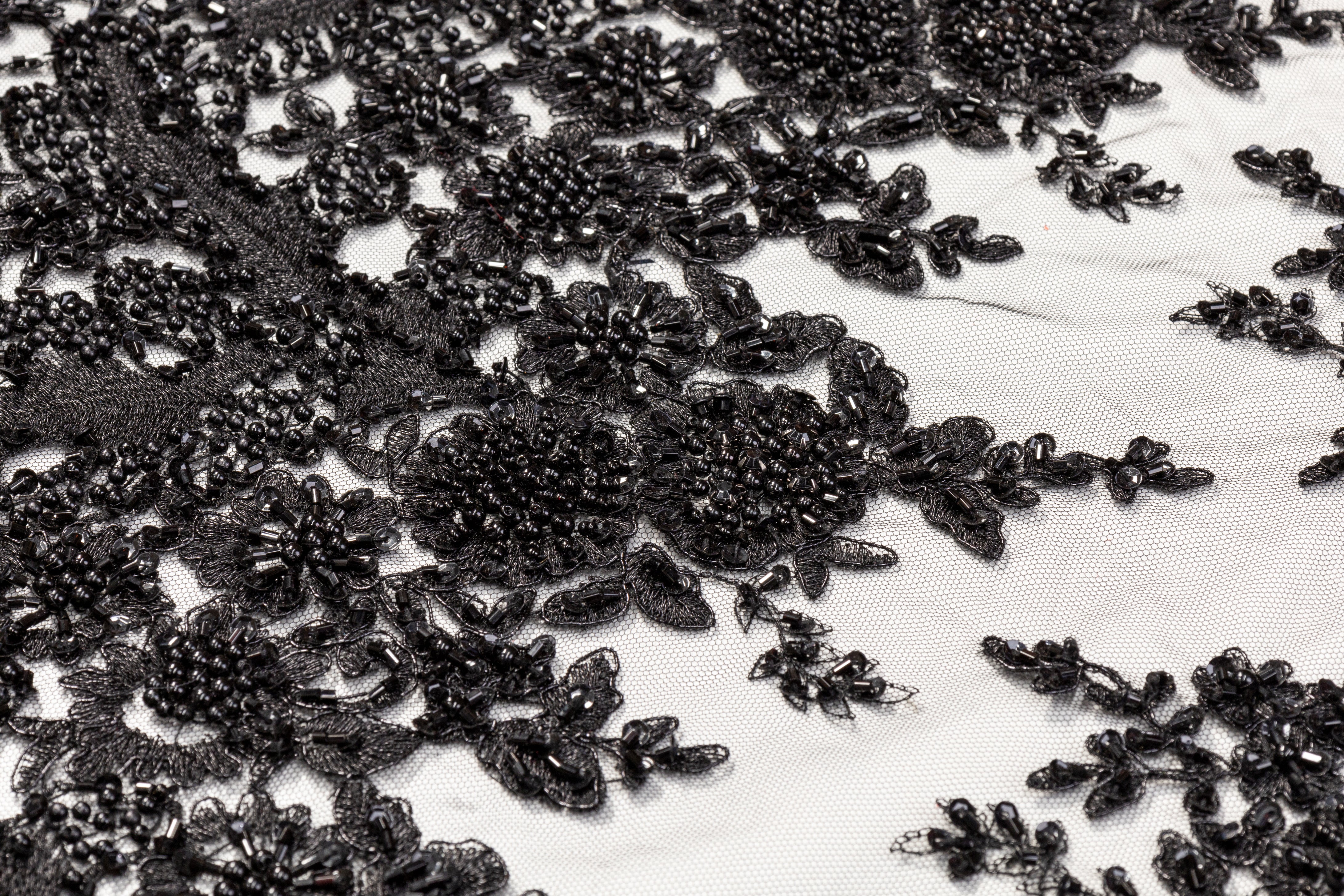 Floral Beaded and Sequined Border Tulle - Black