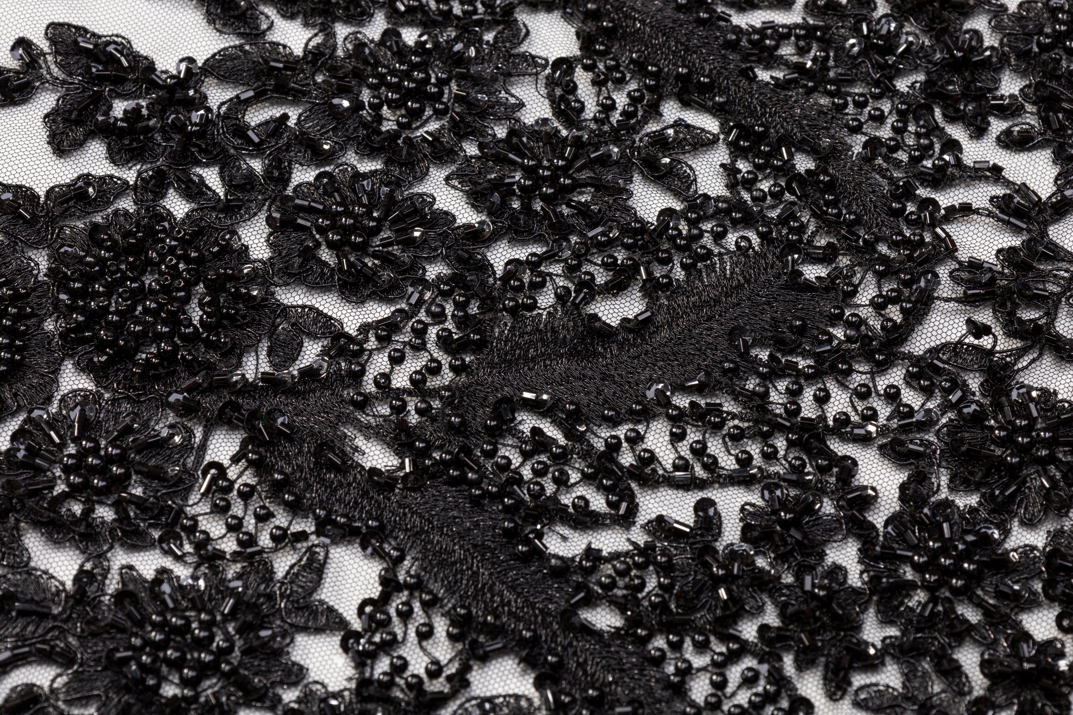 Floral Beaded and Sequined Border Tulle - Black