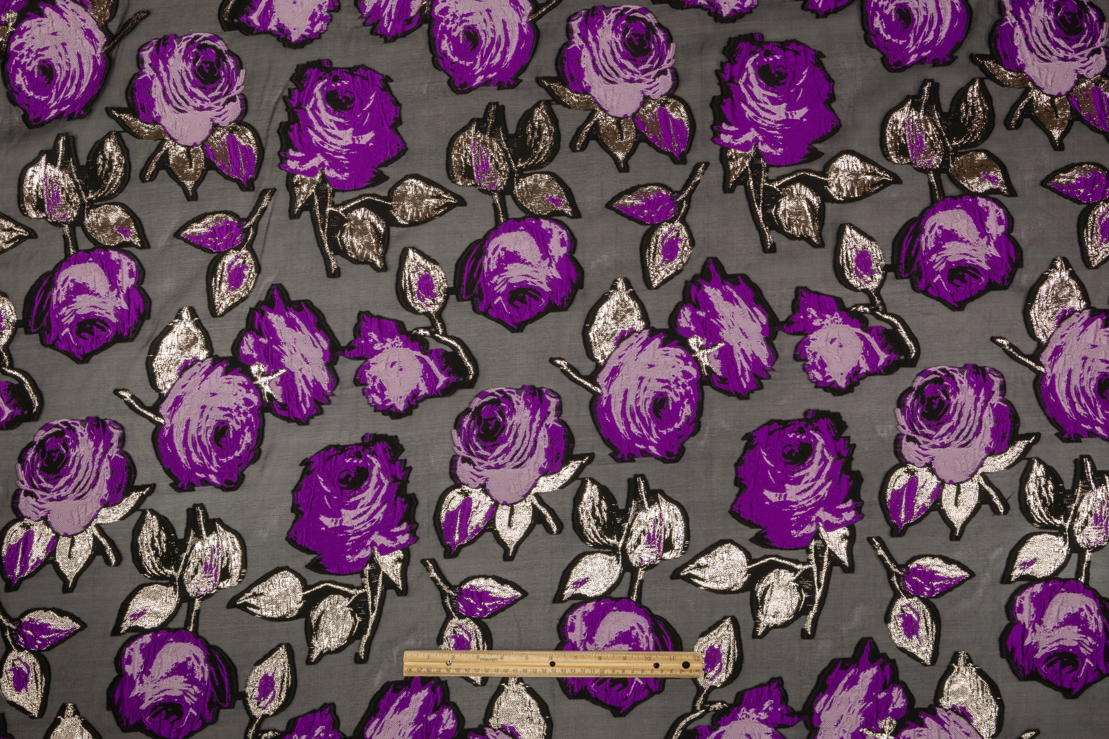 Floral Italian Silk Blend Fil Coupé - Black / Purple / Platinum