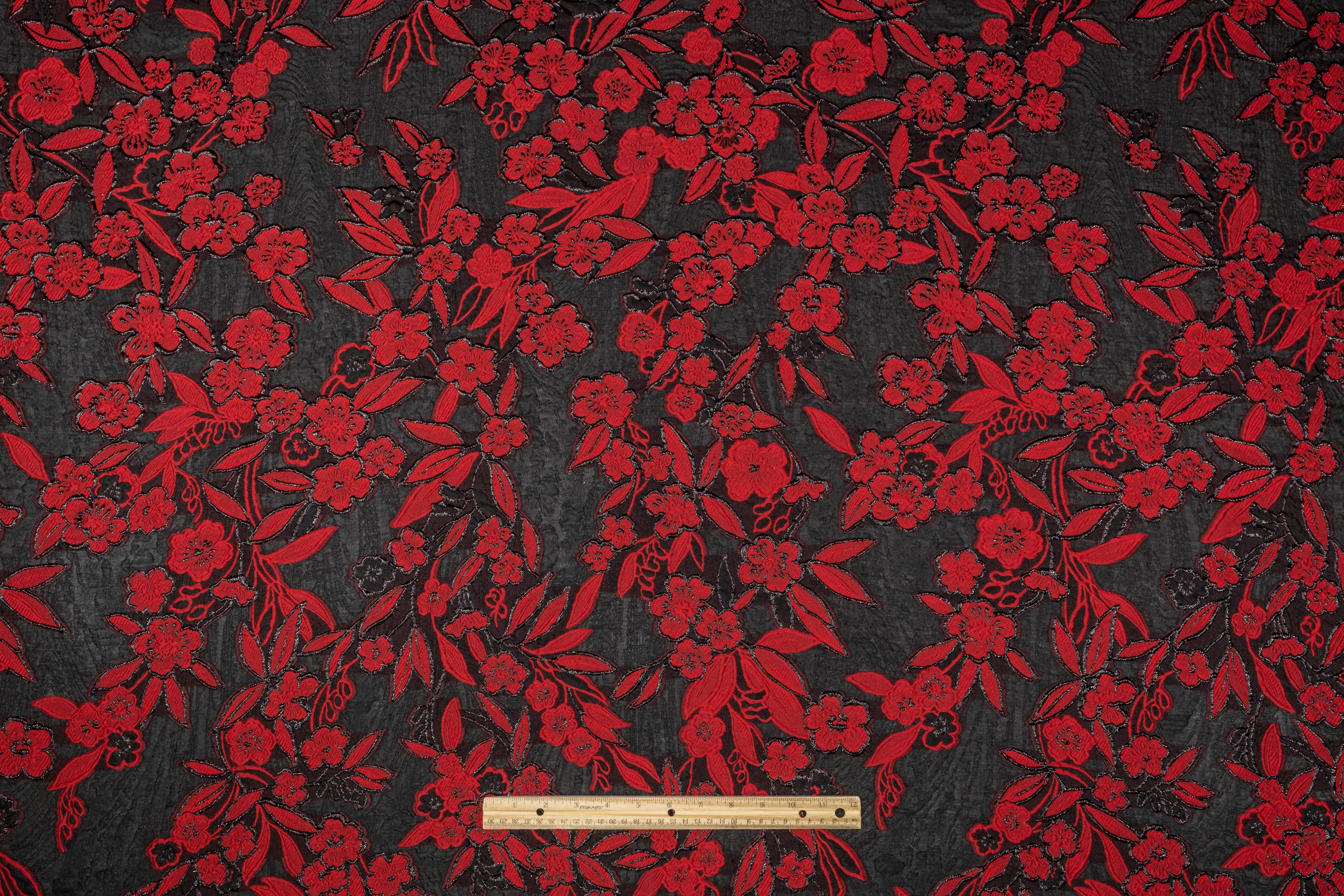 Floral Metallic Italian Silk Blend Organza Brocade - Black / Red