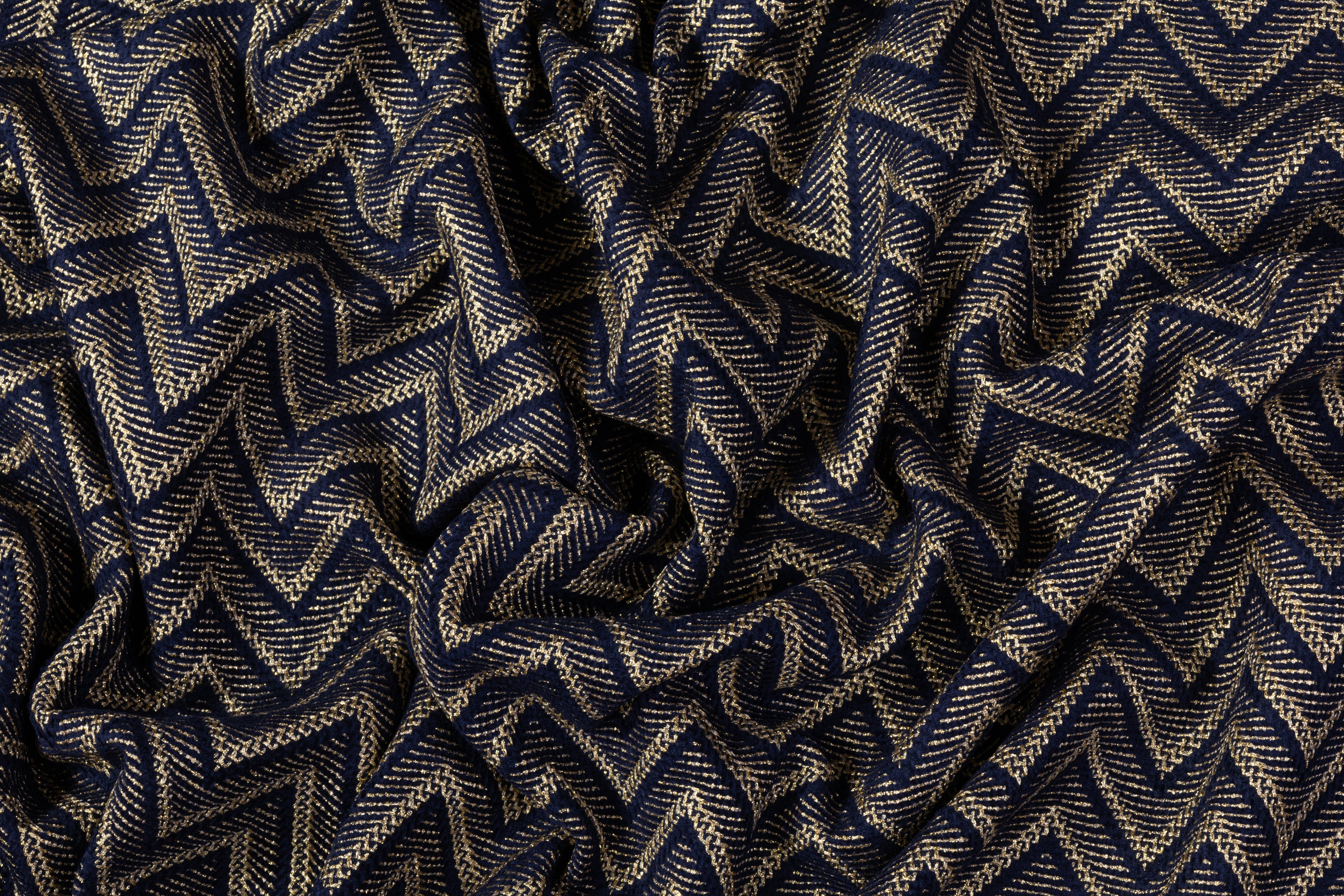 Metallic Italian Wool Blend Chenille Tweed - Navy / Gold