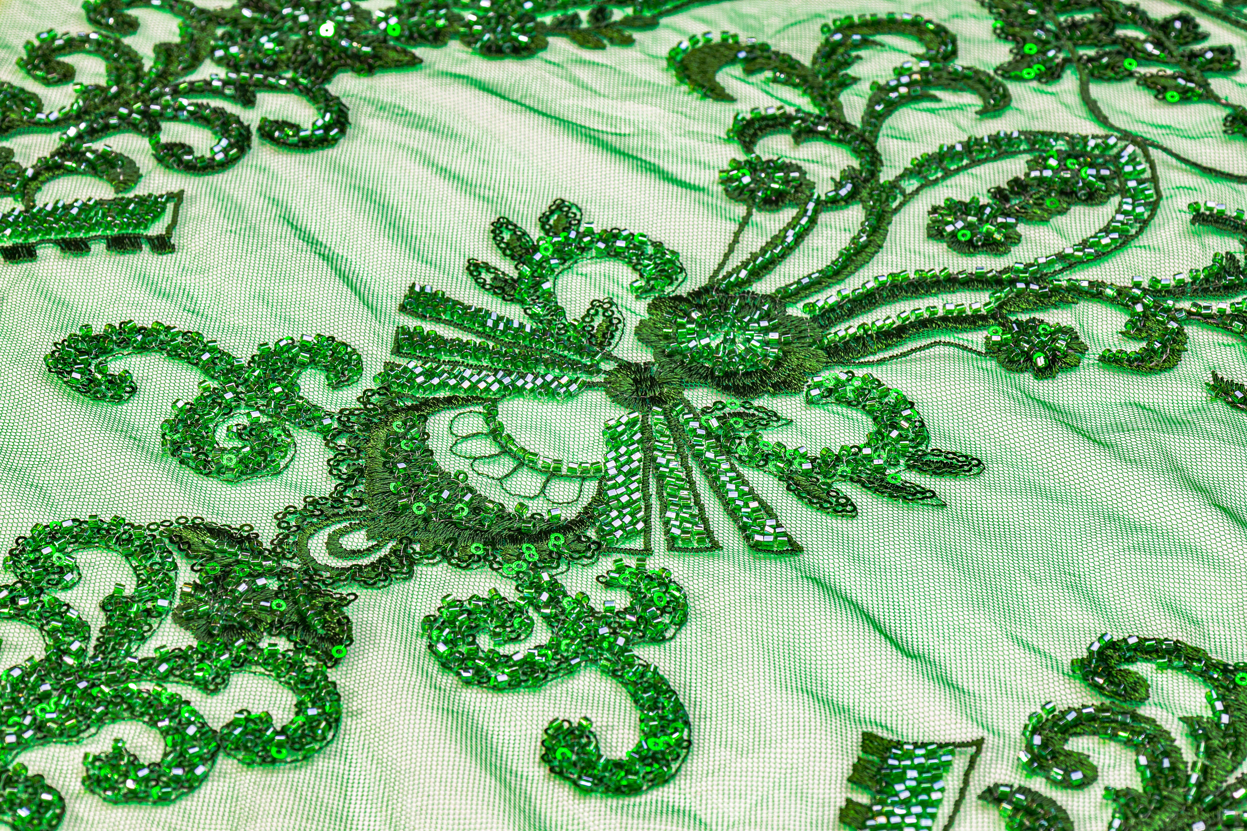 Damask Beaded and Embroidered Tulle - Green