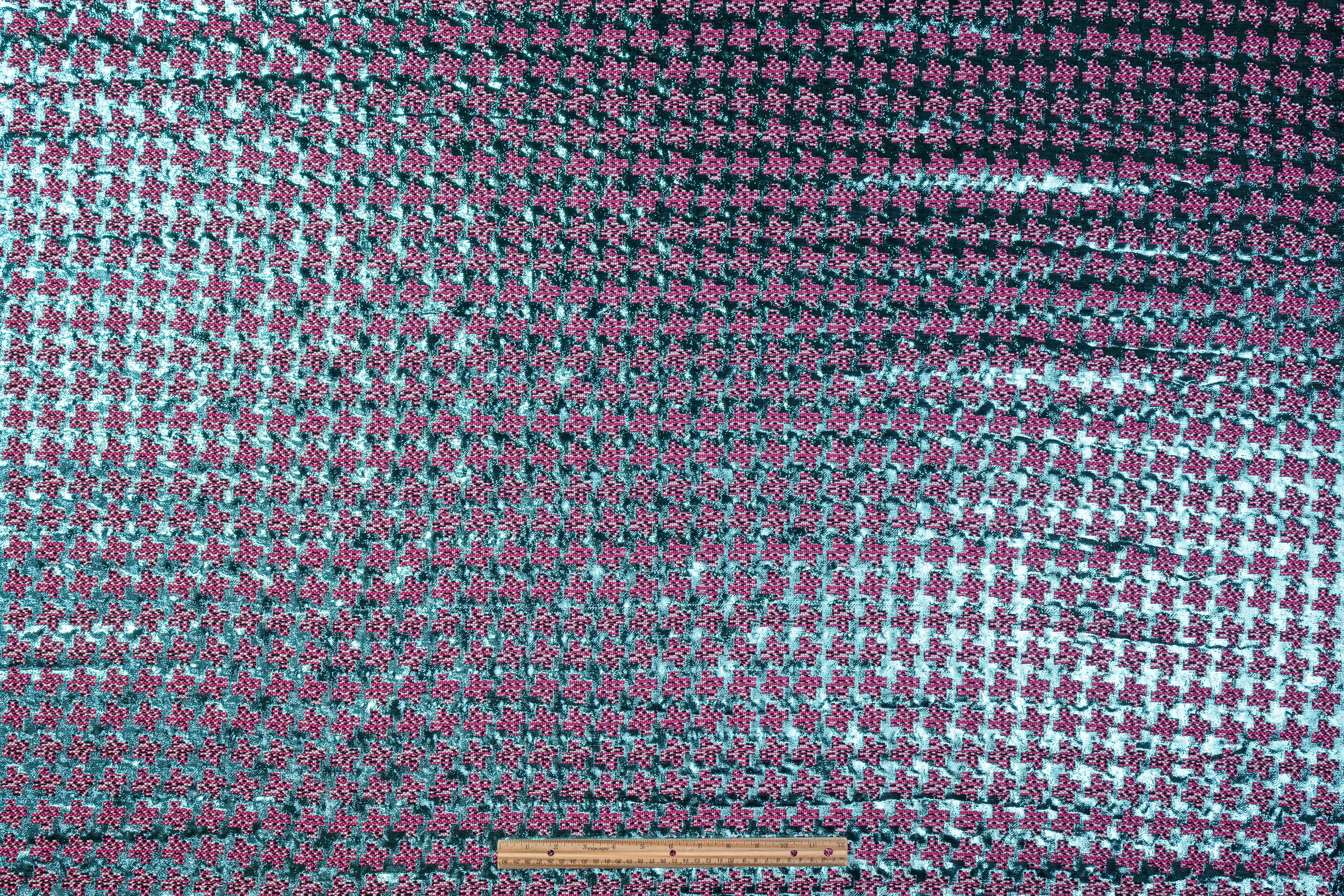 Metallic Italian Houndstooth Brocade - Blue / Pink