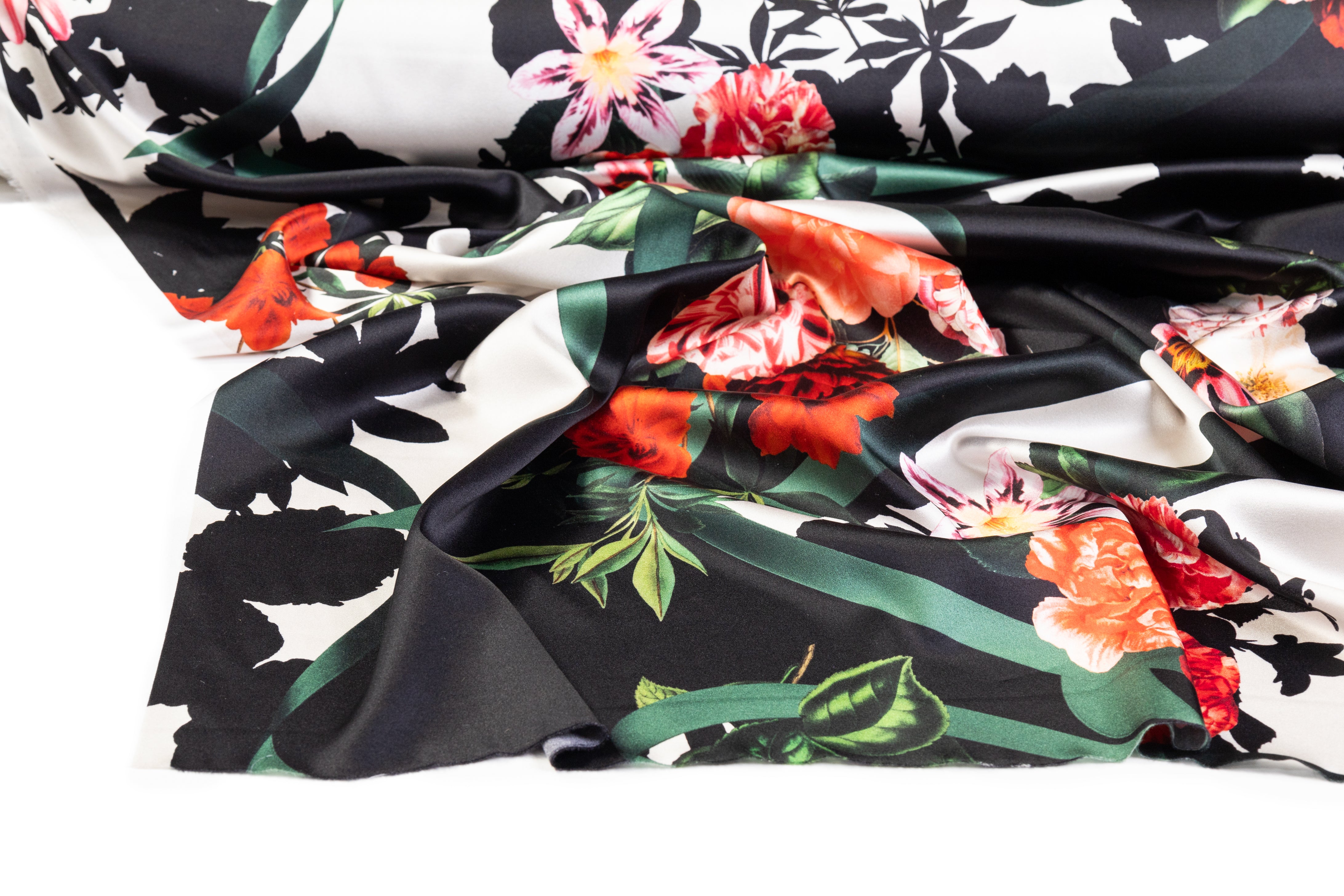 Floral Italian Silk Charmeuse - Black / Red / Green / White