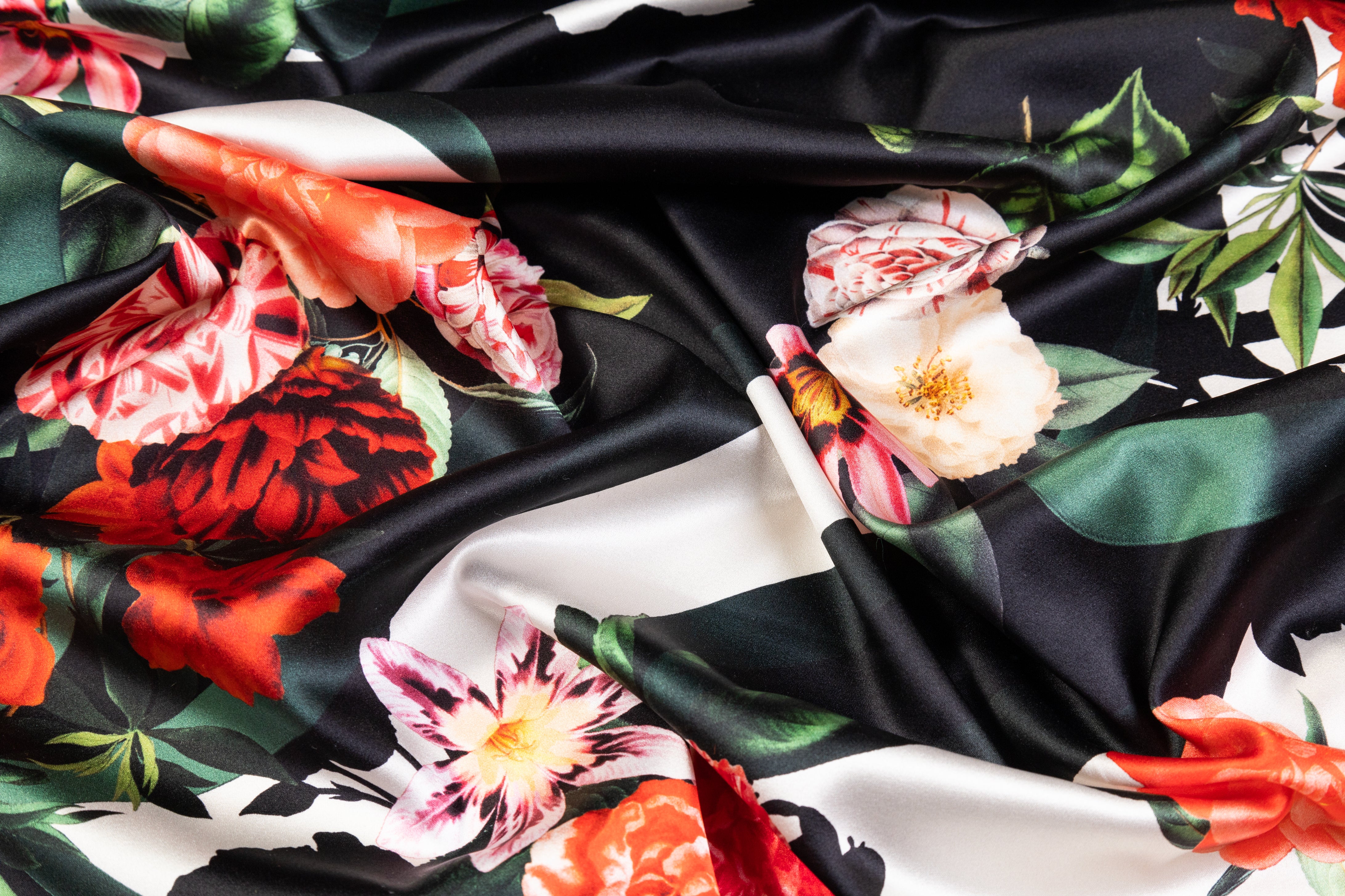 Floral Italian Silk Charmeuse - Black / Red / Green / White