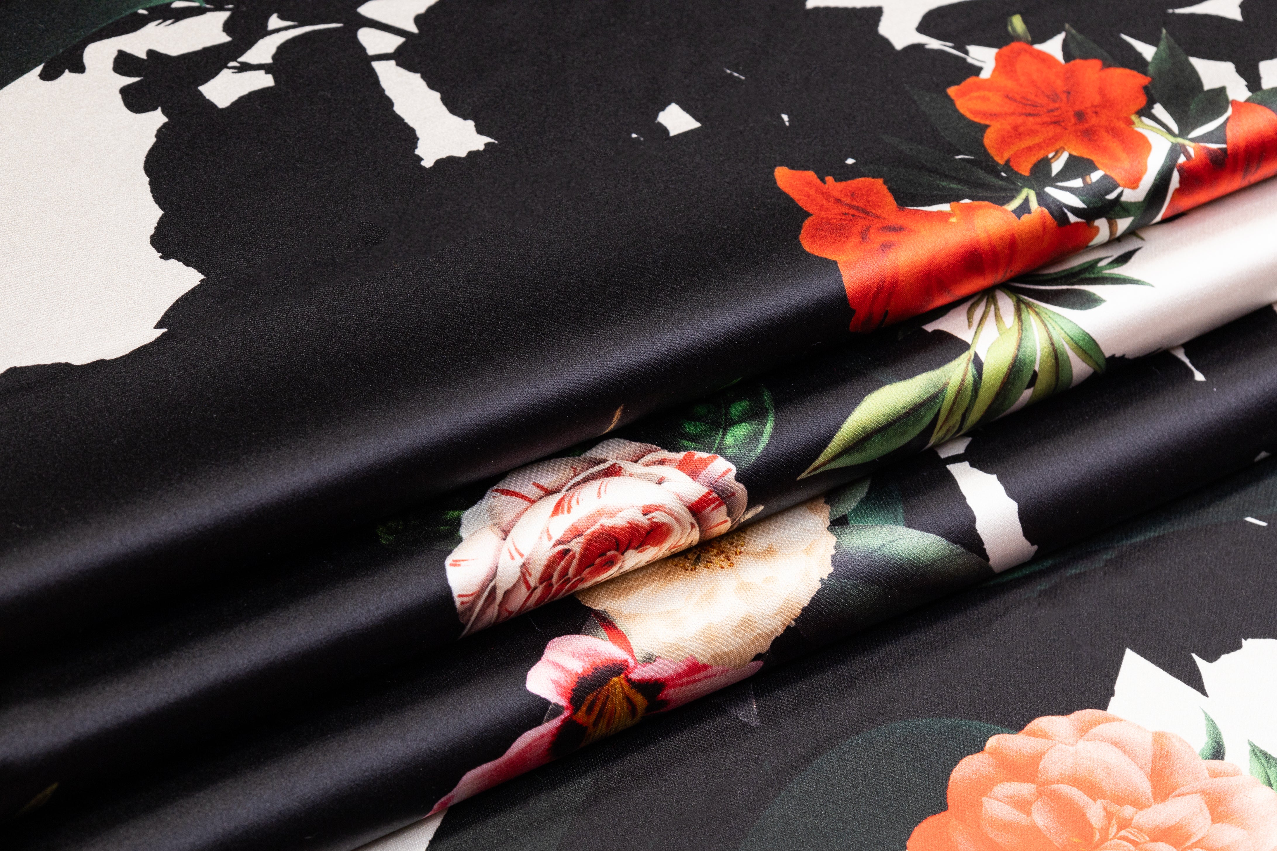 Floral Italian Silk Charmeuse - Black / Red / Green / White