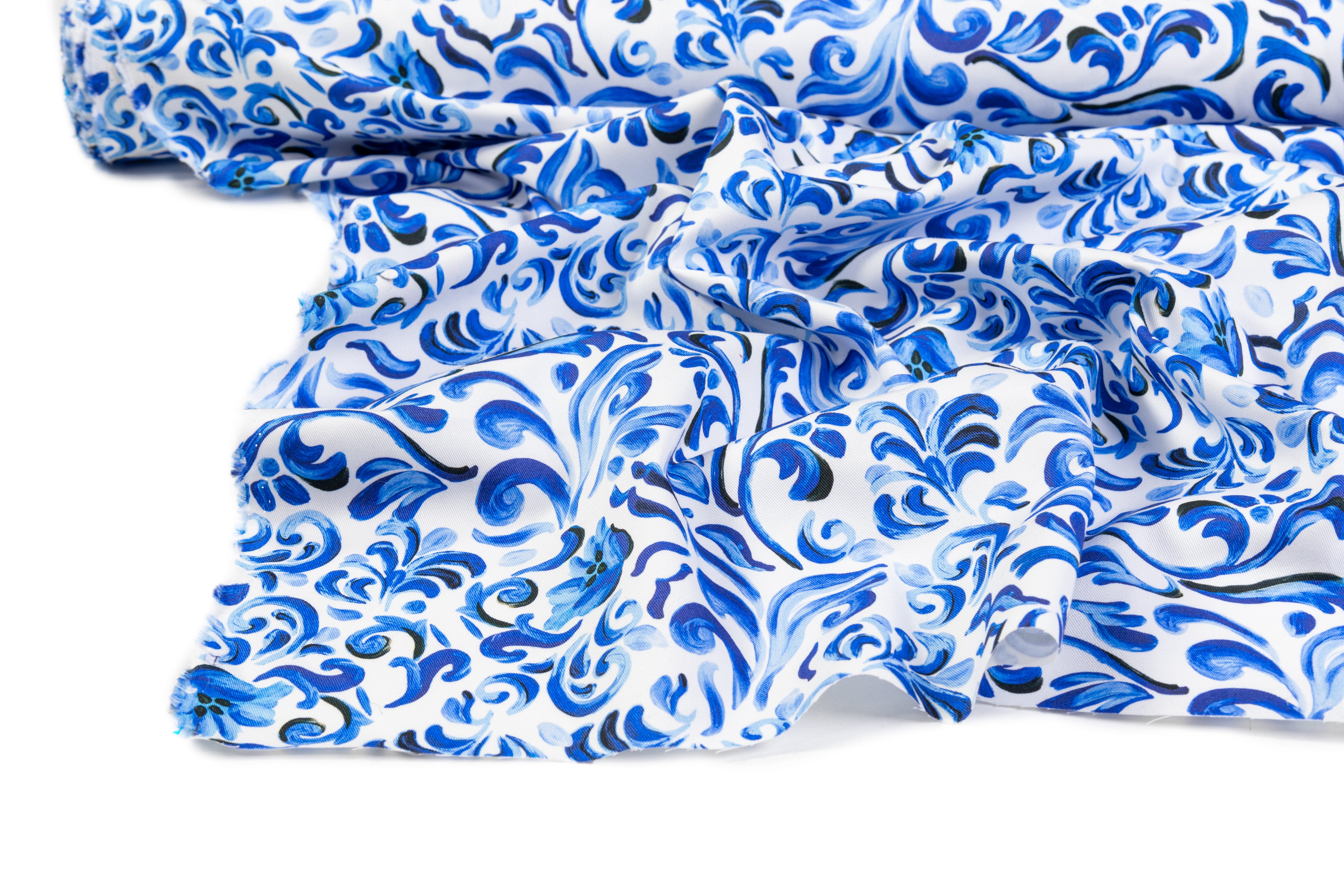 Floral Baroque Italian Cotton Twill - Blue / White