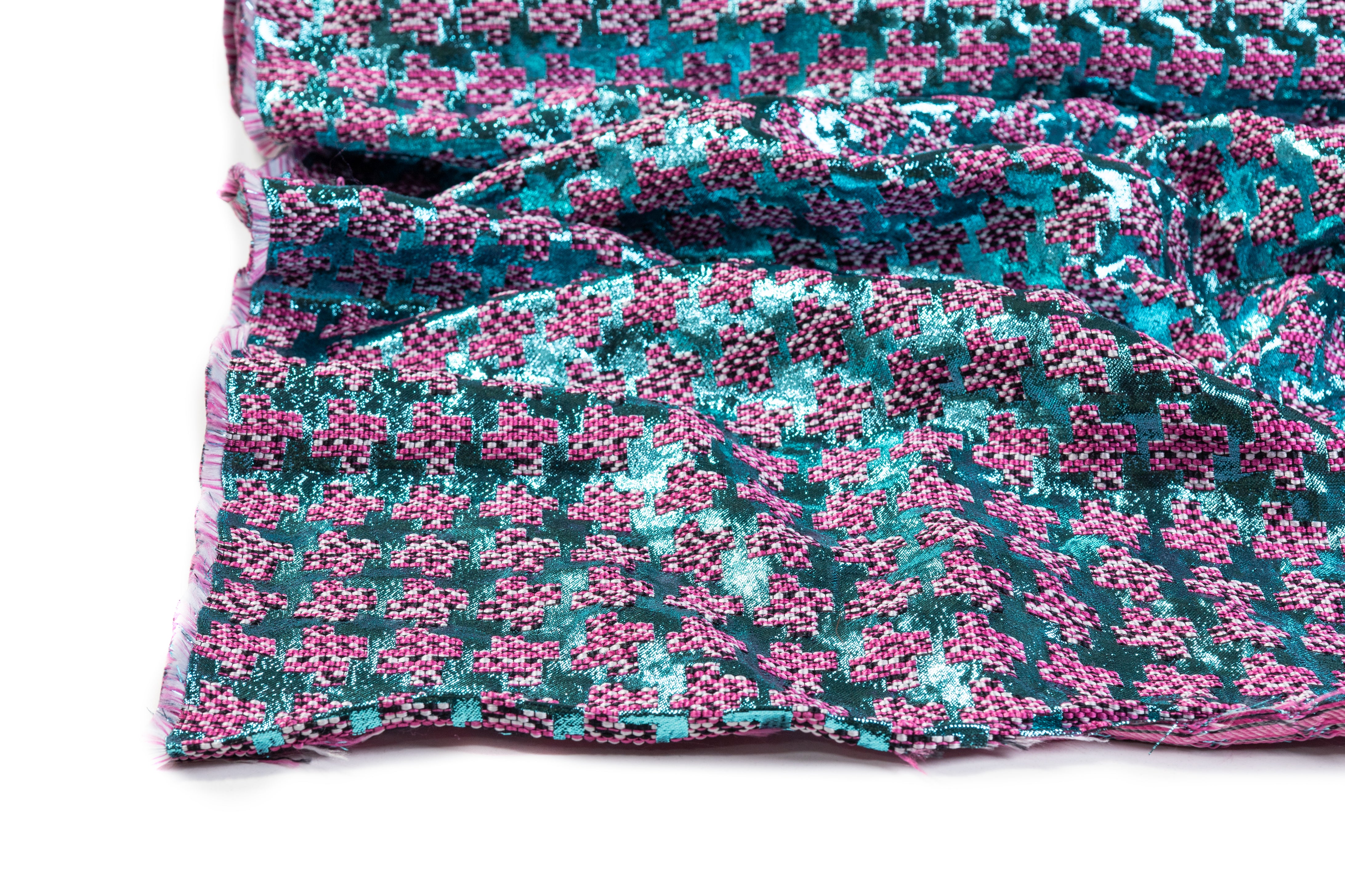 Metallic Italian Houndstooth Brocade - Blue / Pink