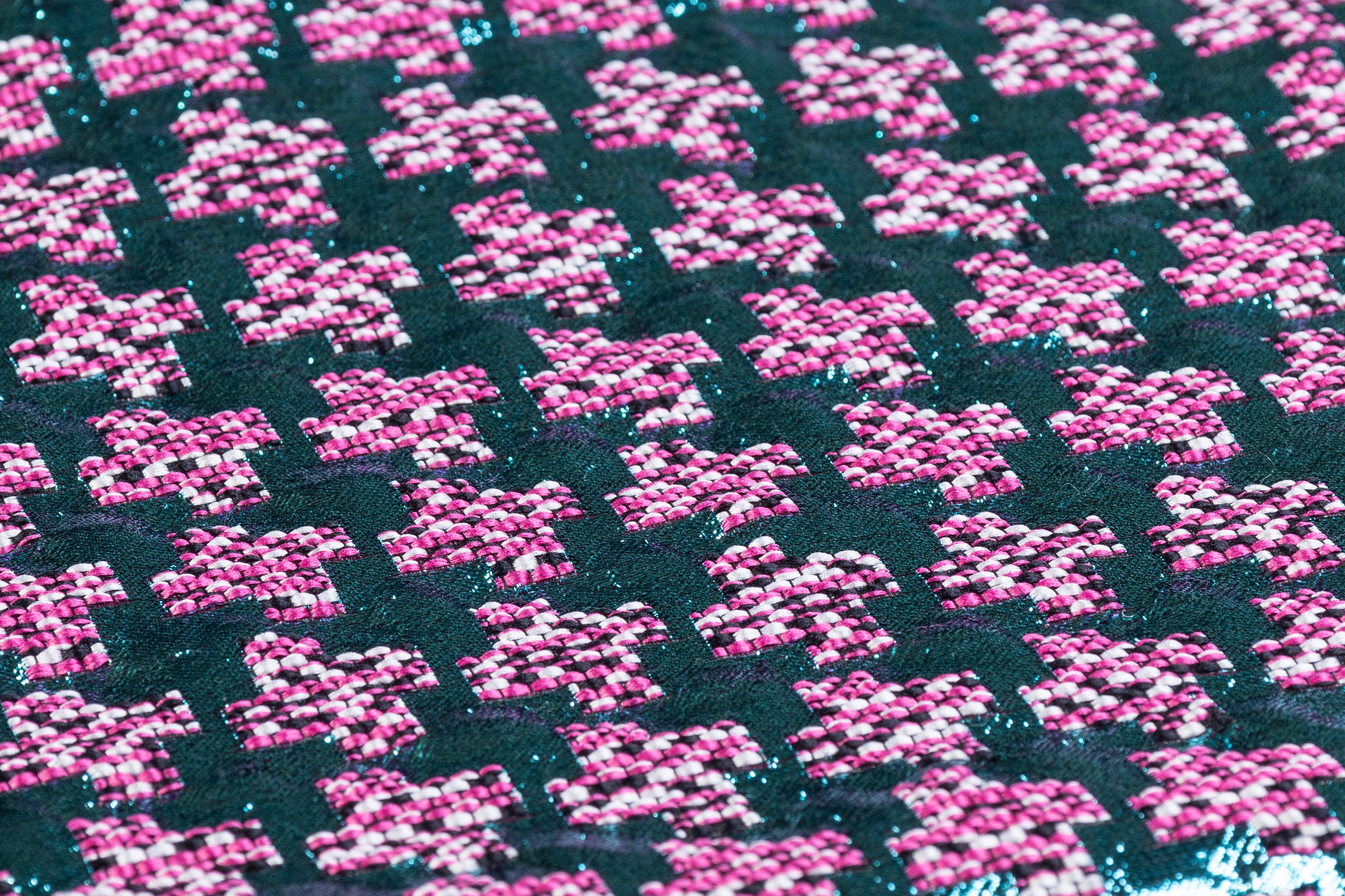 Metallic Italian Houndstooth Brocade - Blue / Pink