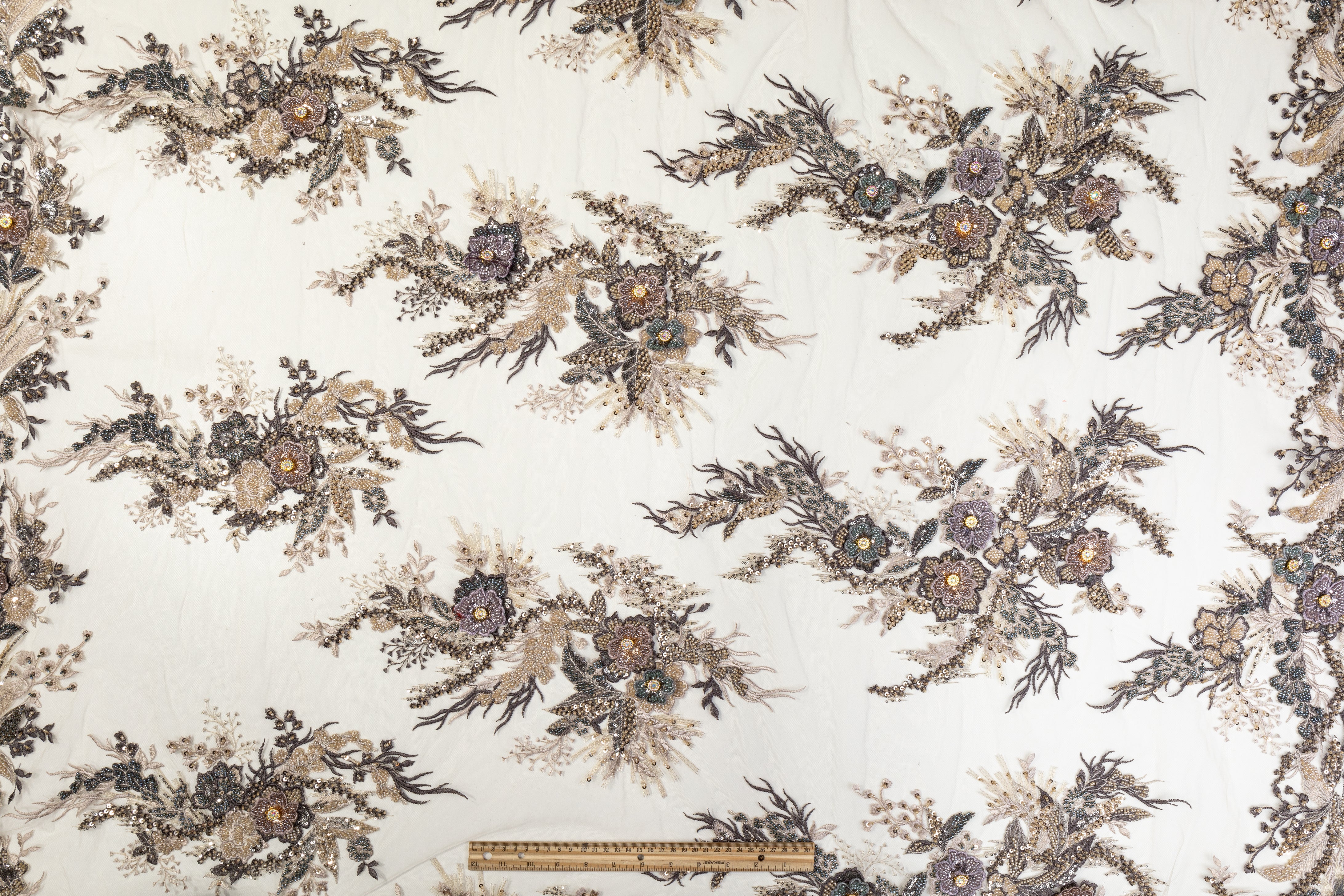 Floral Beaded and Embroidered Tulle - Beige / Multicolor