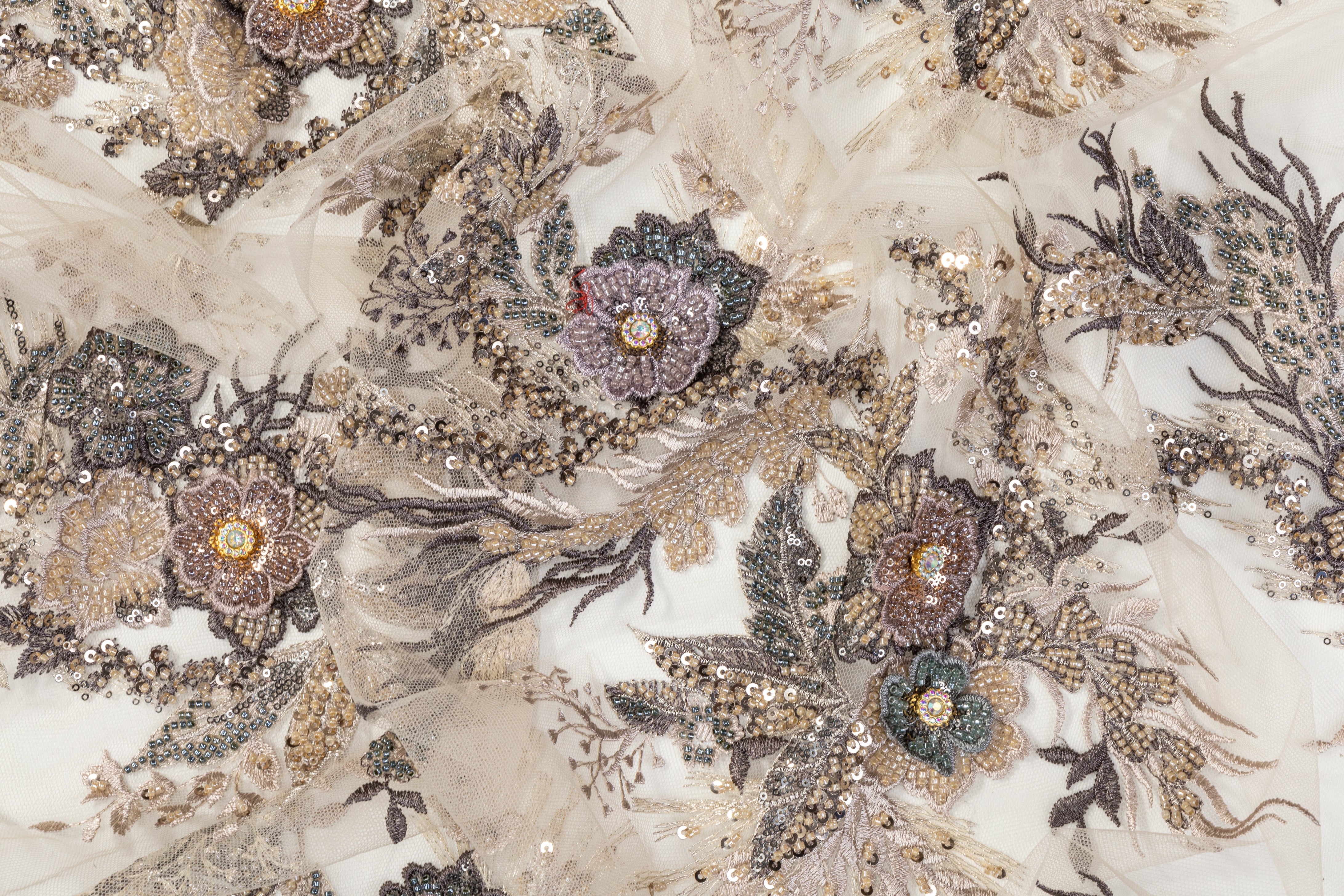 Floral Beaded and Embroidered Tulle - Beige / Multicolor