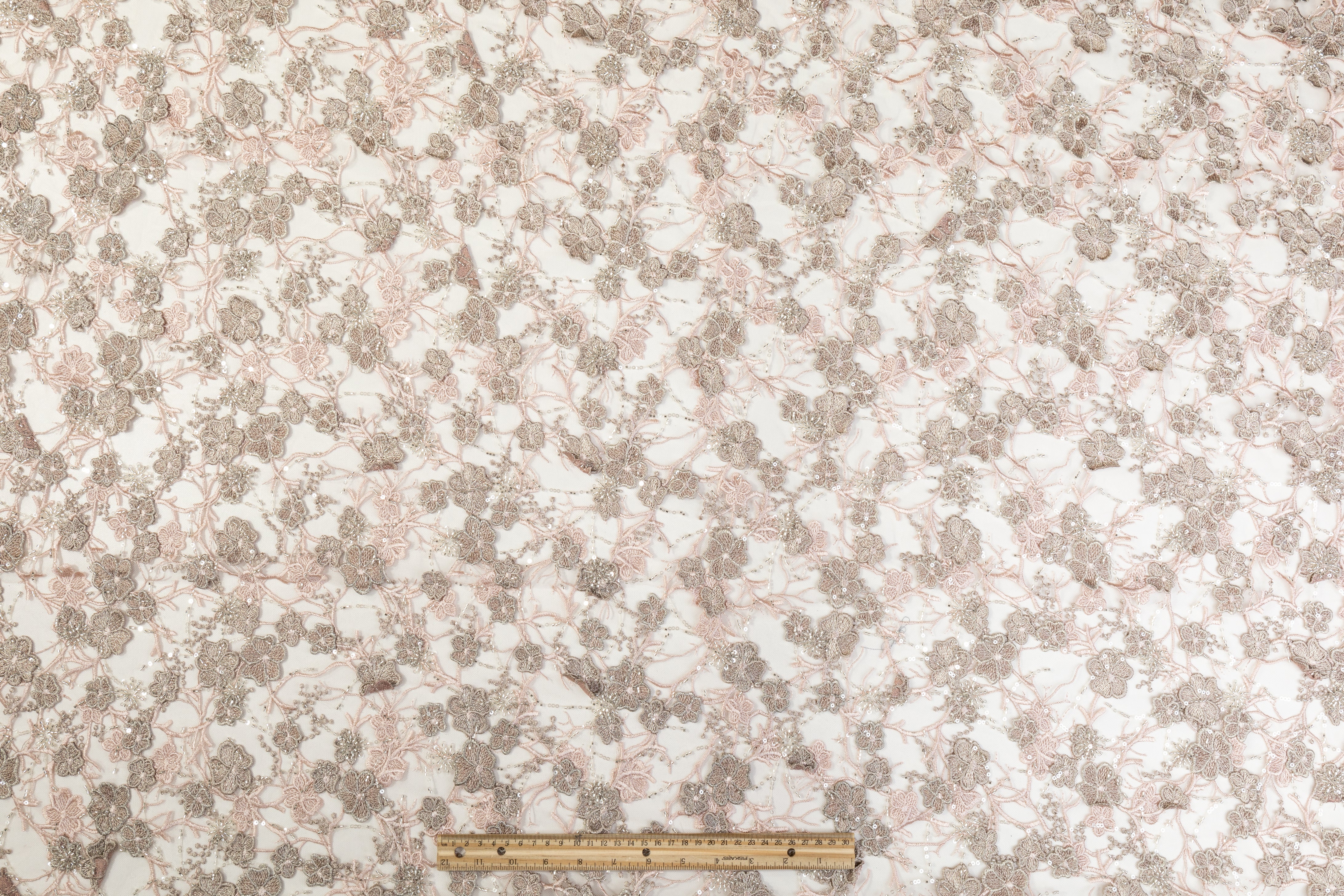 Floral Beaded and Embroidered Tulle - Pink / Taupe