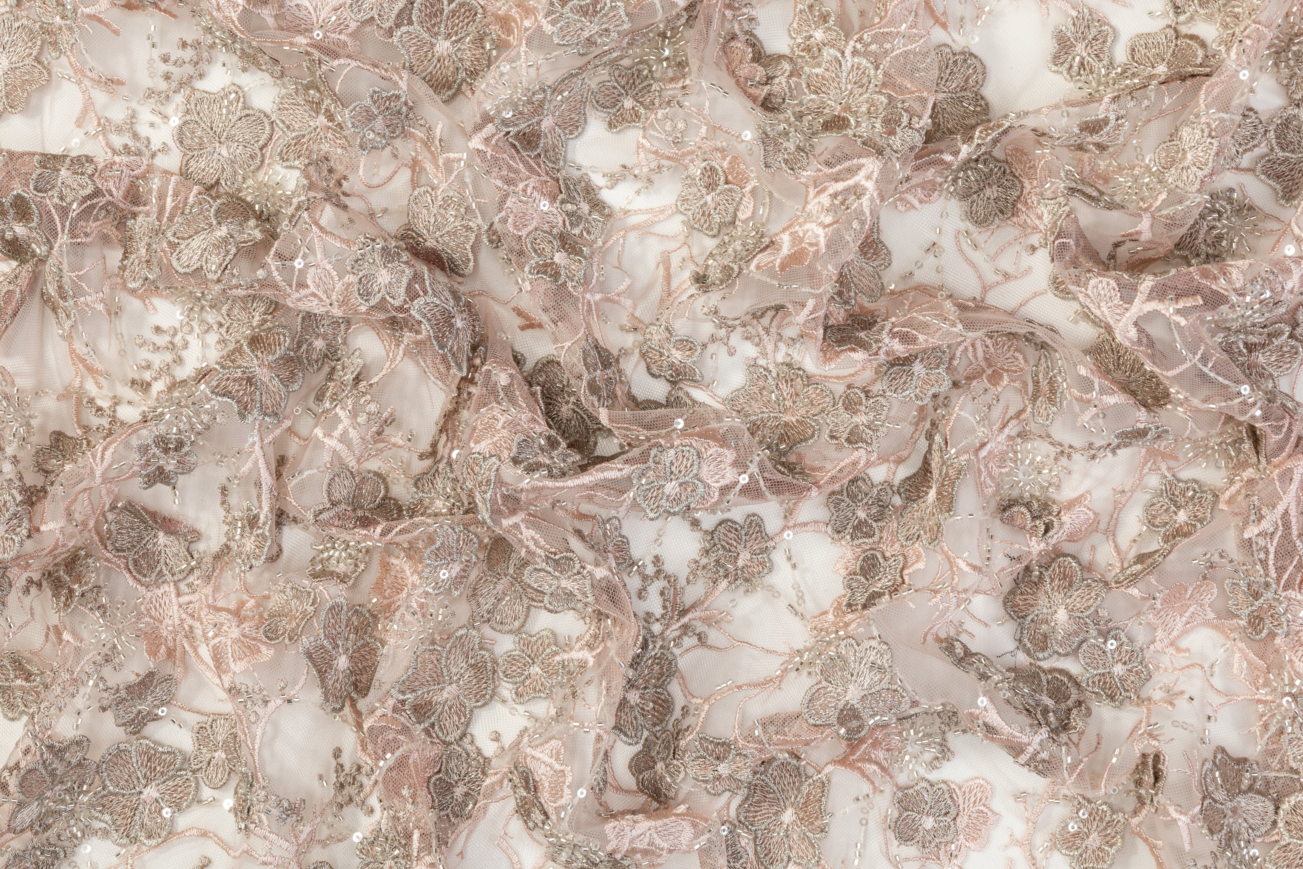 Floral Beaded and Embroidered Tulle - Pink / Taupe