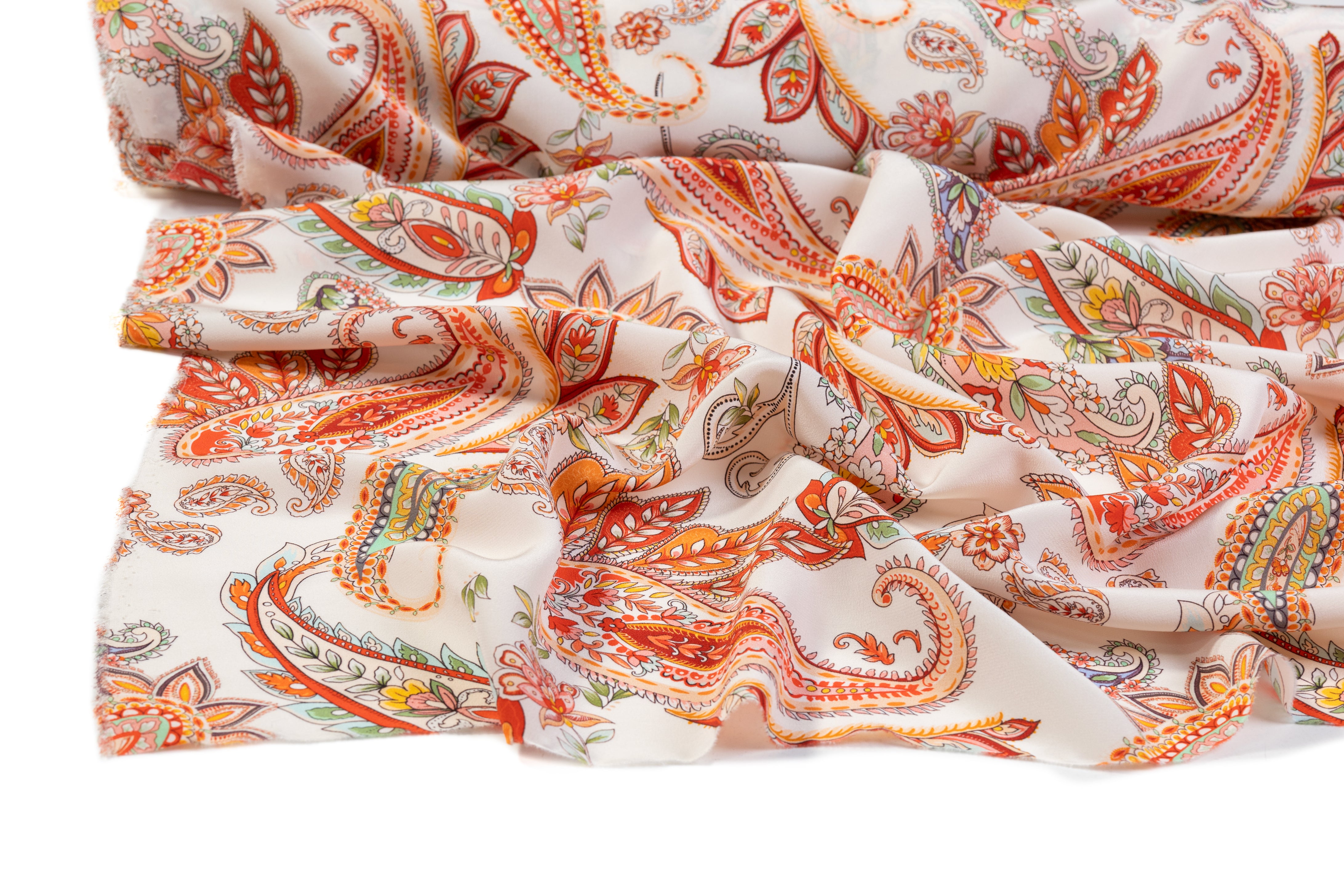 Paisley Italian Silk Crepe de Chine - Orange / Red