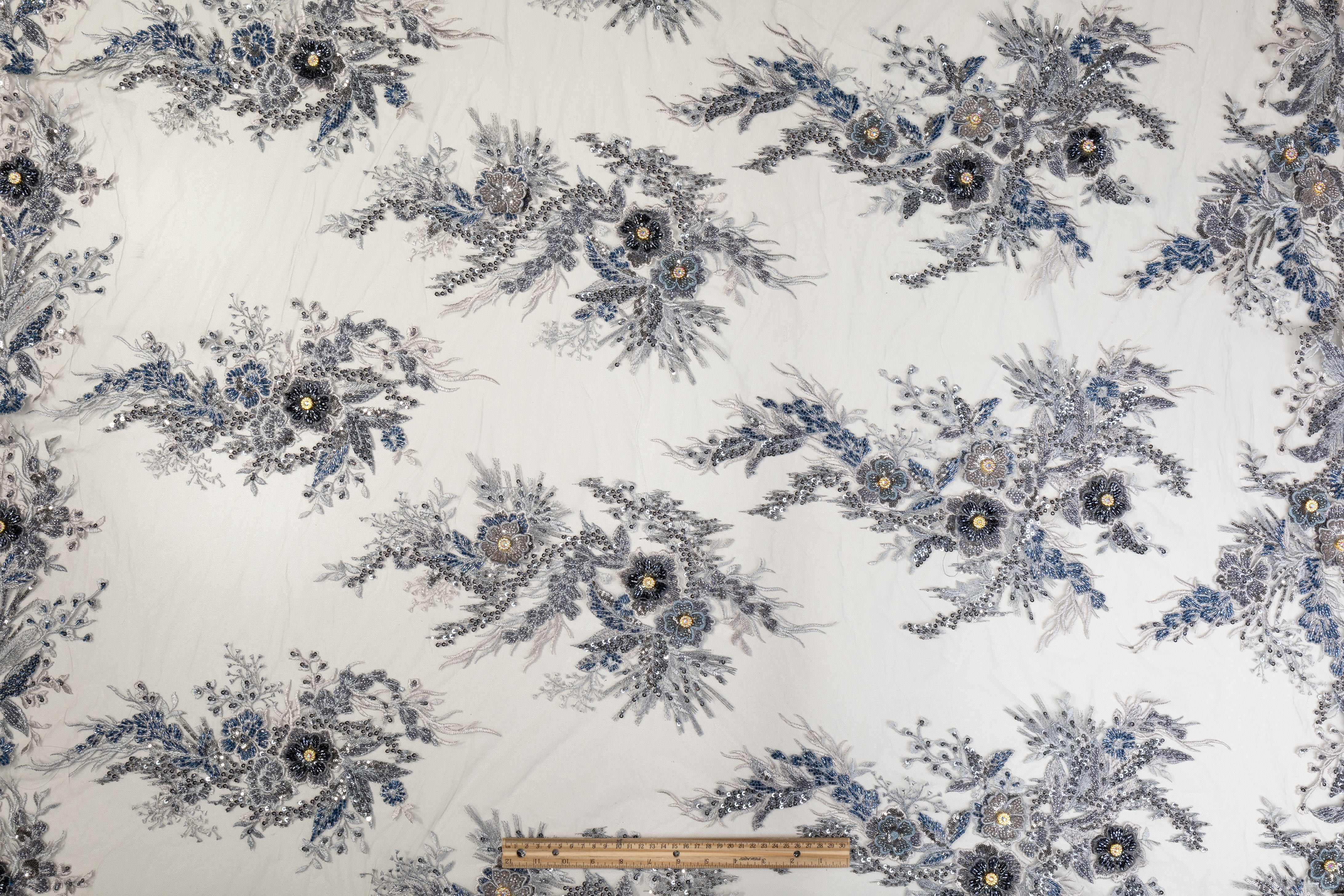 Floral Beaded and Embroidered Tulle - Blue / Gray