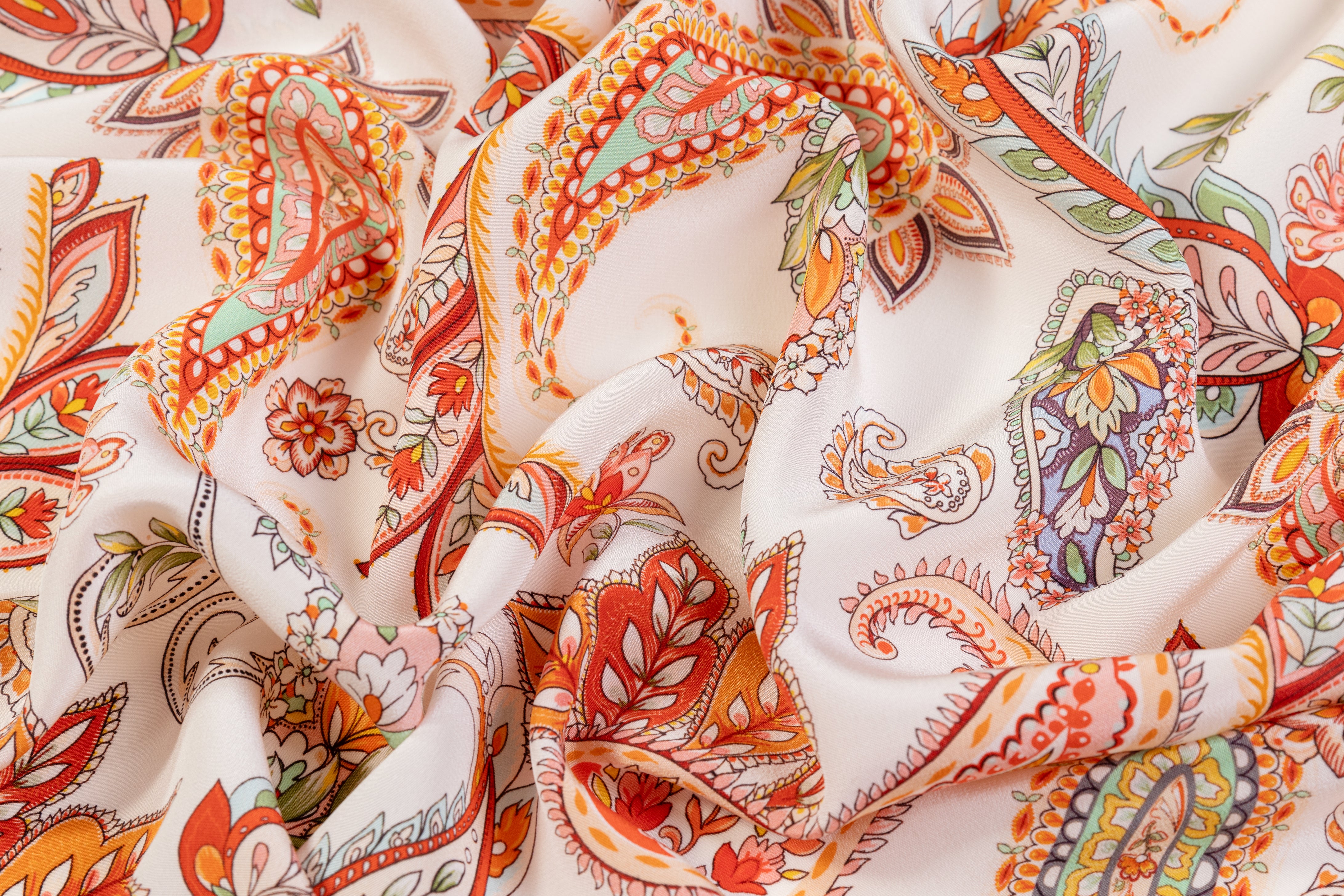Paisley Italian Silk Crepe de Chine - Orange / Red