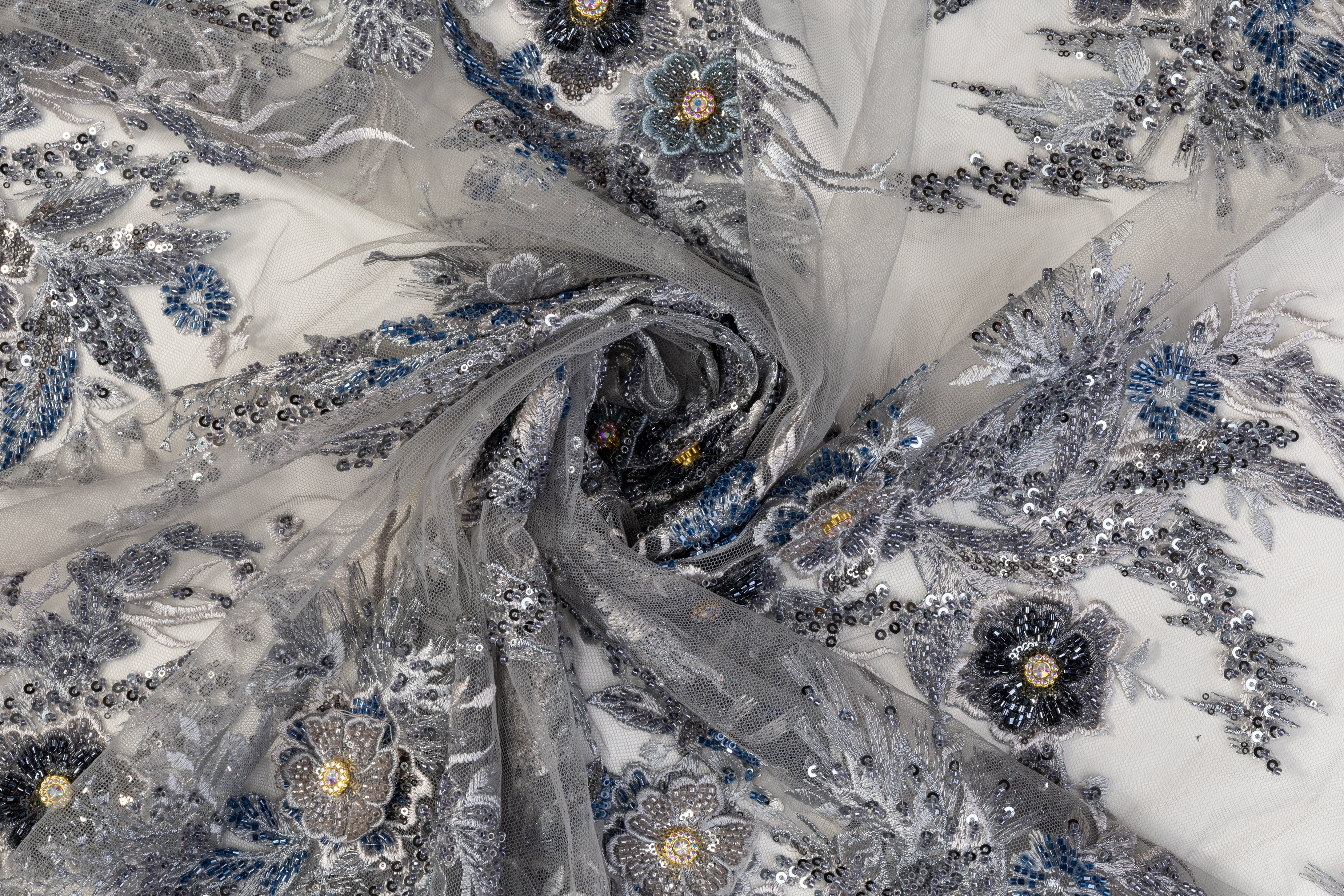 Floral Beaded and Embroidered Tulle - Blue / Gray